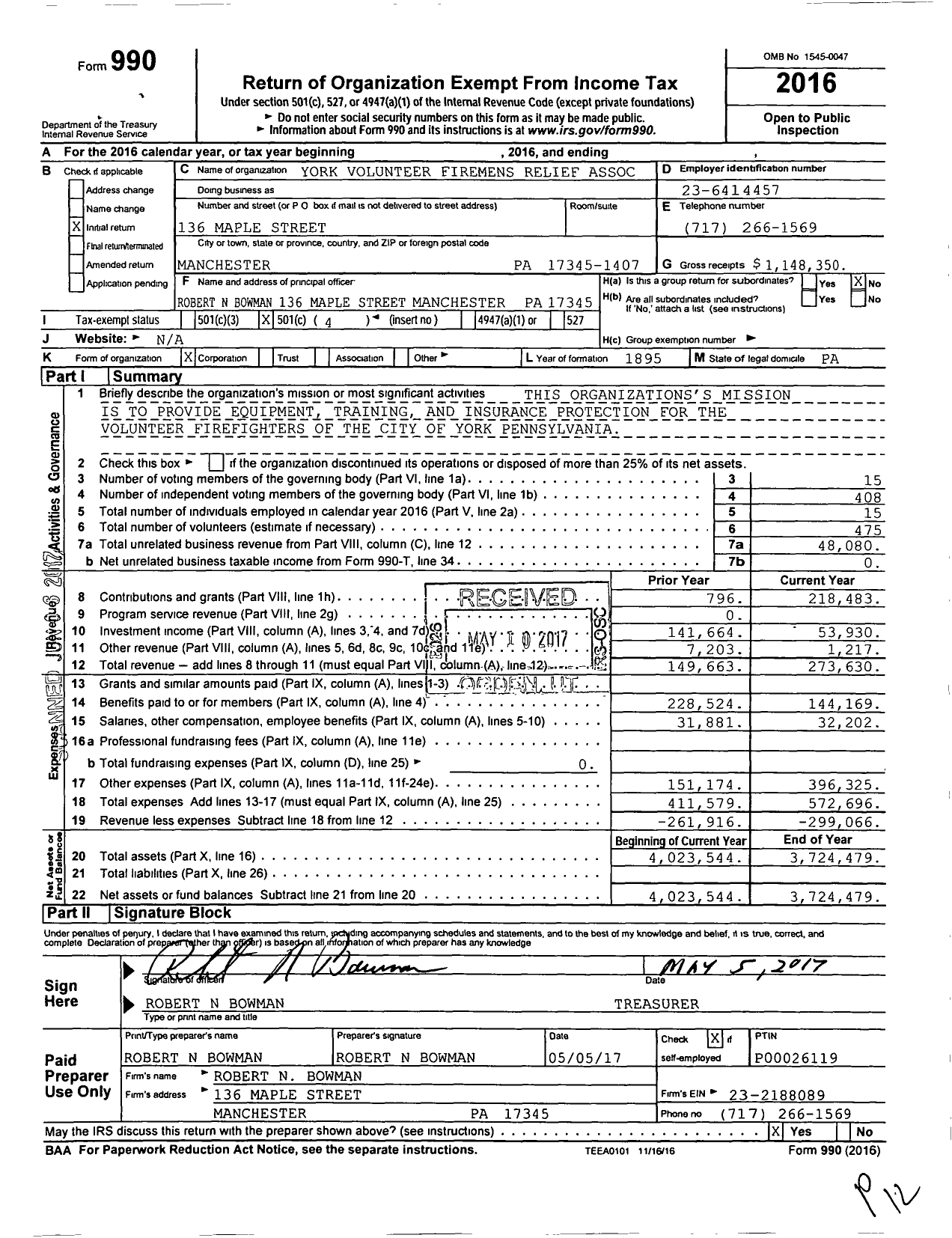 Image of first page of 2016 Form 990O for York Volunteer Firemens Relief Association