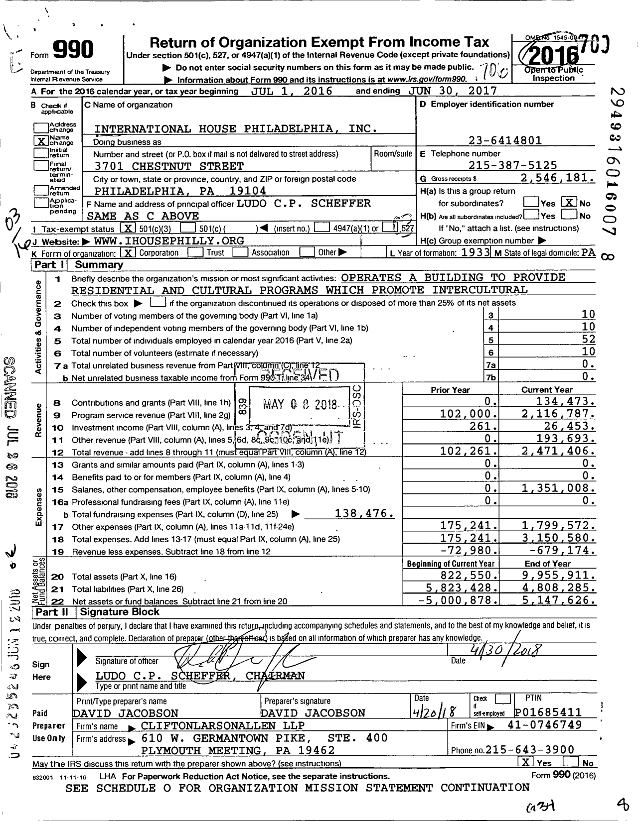 Image of first page of 2016 Form 990 for International House Philadelphia