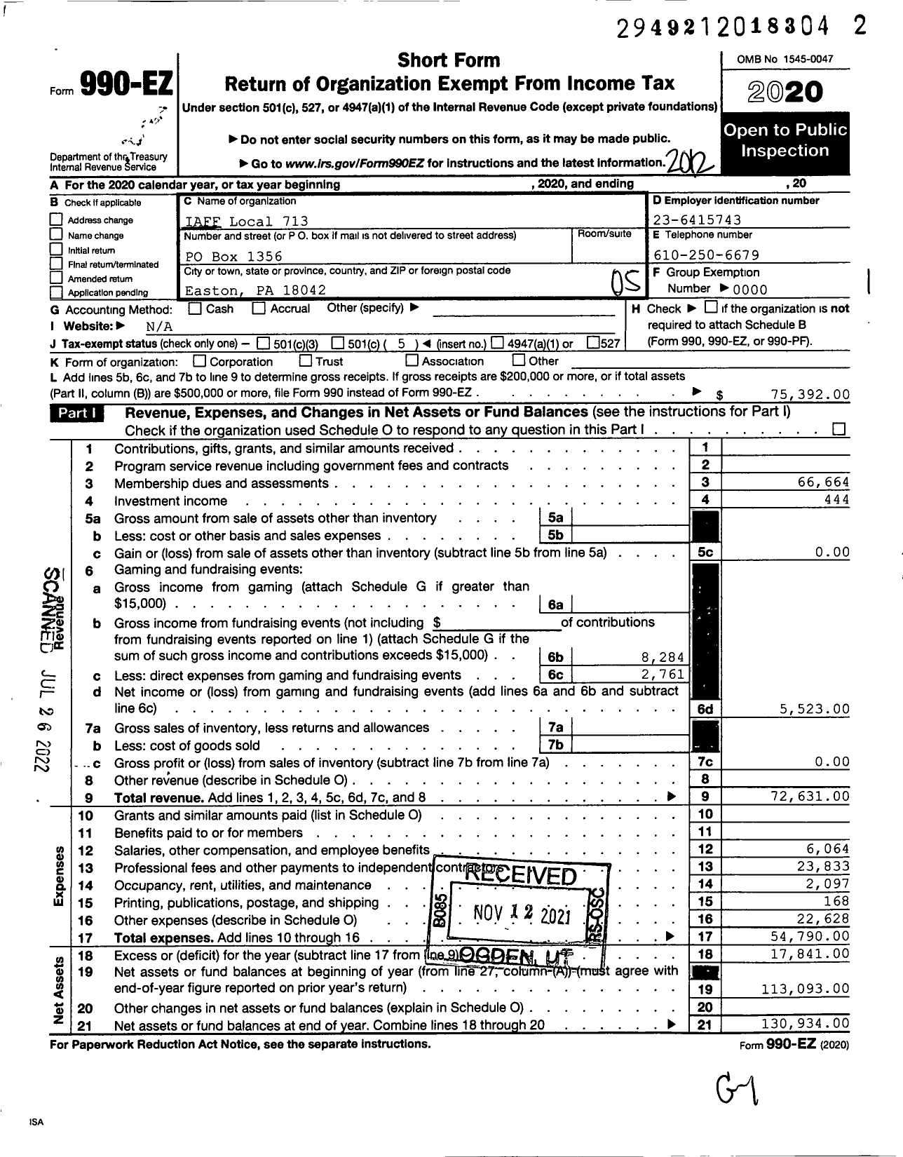 Image of first page of 2020 Form 990EO for International Association of Fire Fighters - IAFF Local 713