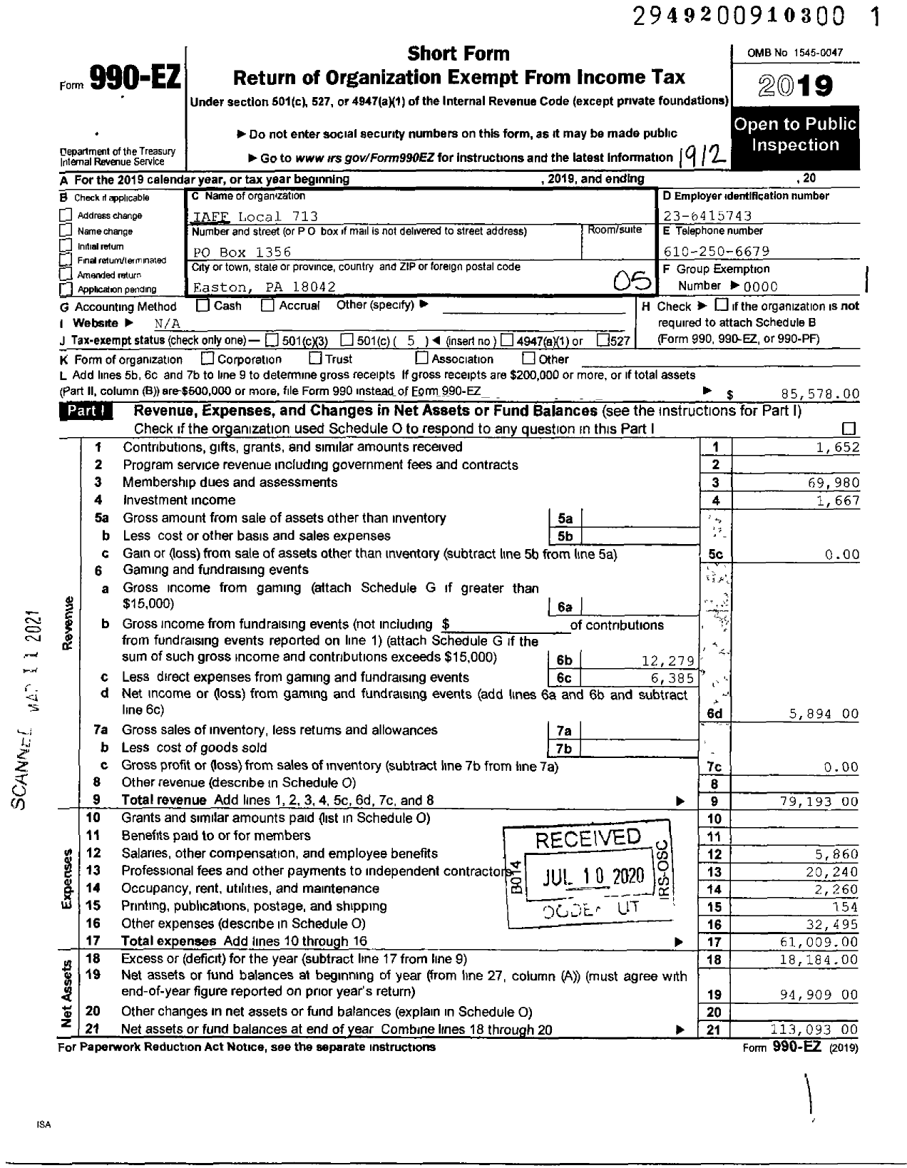 Image of first page of 2019 Form 990EO for International Association of Fire Fighters - IAFF Local 713