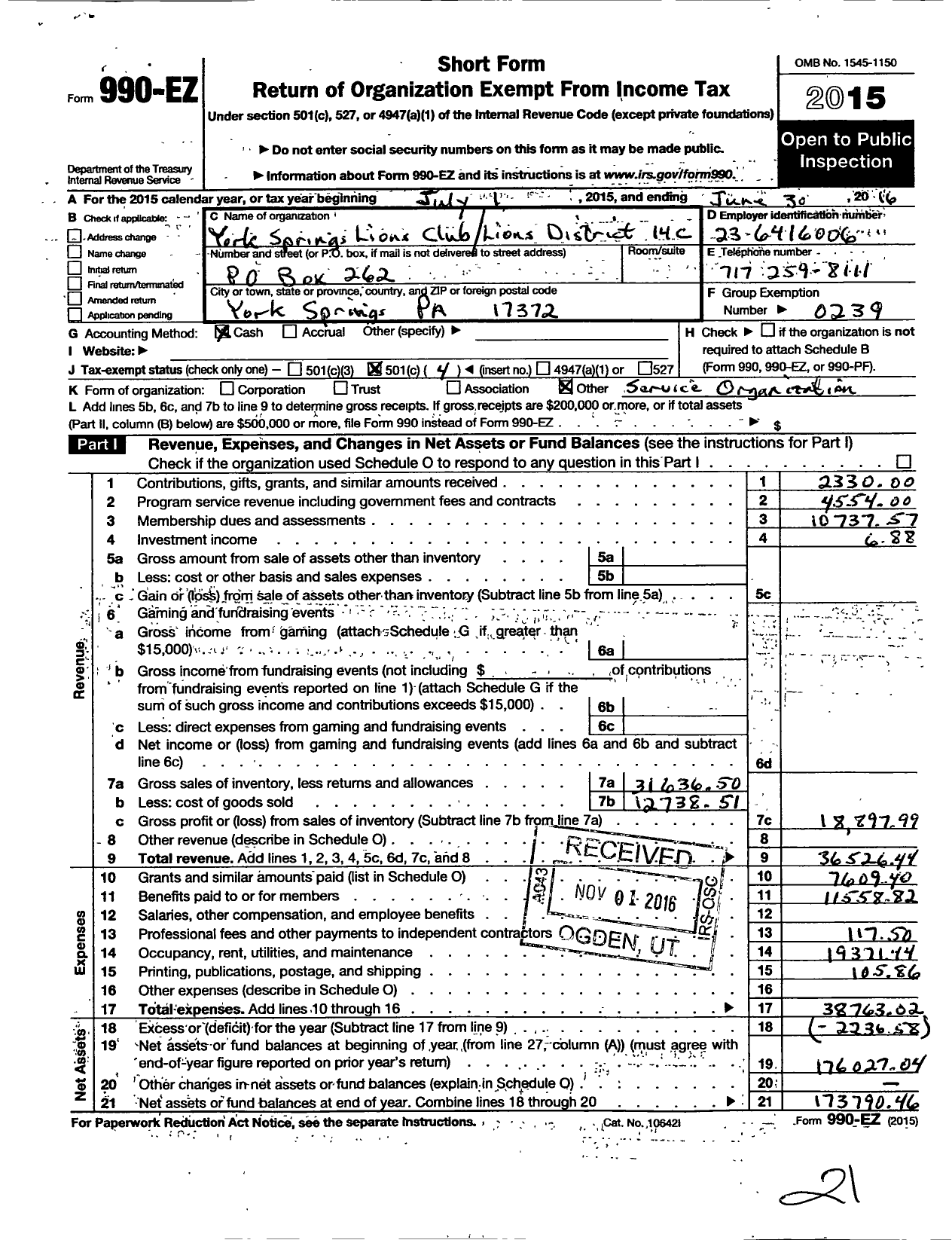 Image of first page of 2015 Form 990EO for Lions Clubs - 5852 York Springs