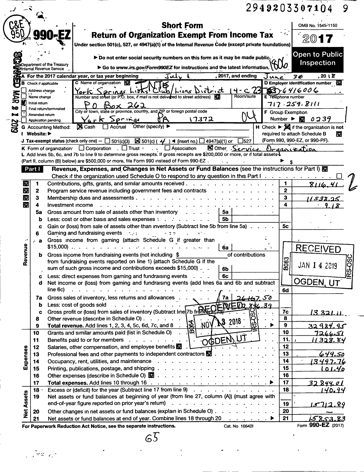 Image of first page of 2017 Form 990EO for Lions Clubs - 5852 York Springs