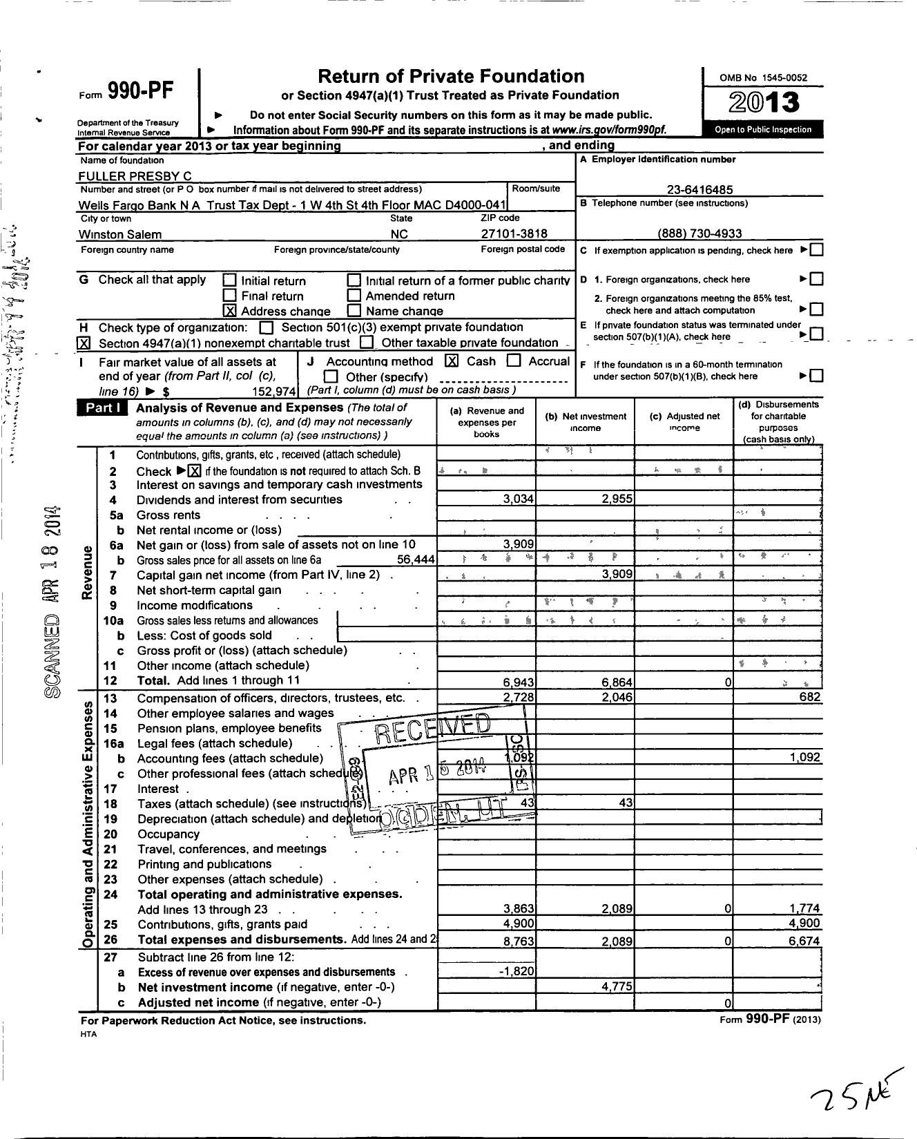 Image of first page of 2013 Form 990PF for Fuller Presby C