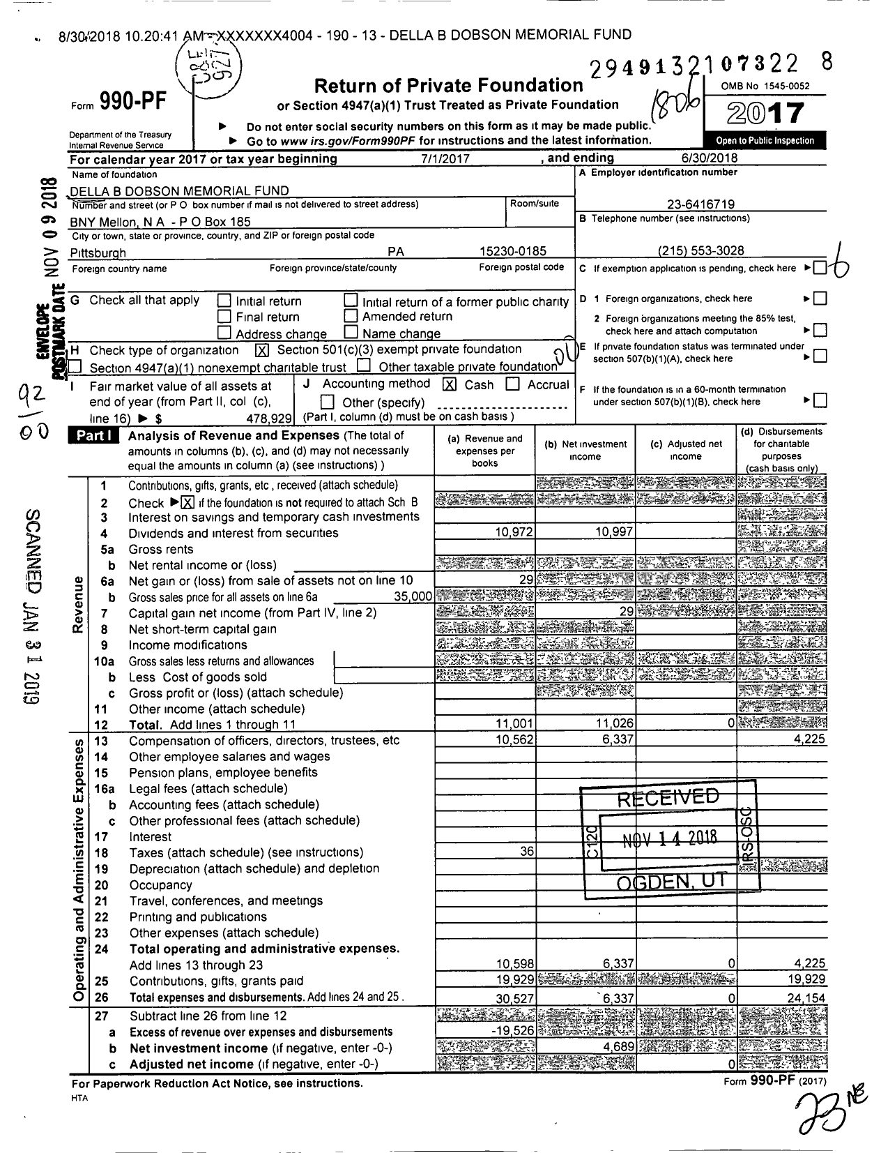 Image of first page of 2017 Form 990PF for Della B Dobson Memorial Fund