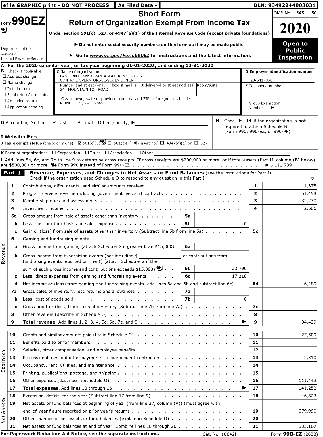 Image of first page of 2020 Form 990EZ for Eastern Pennsylvania Water Pollution Control Operators Association