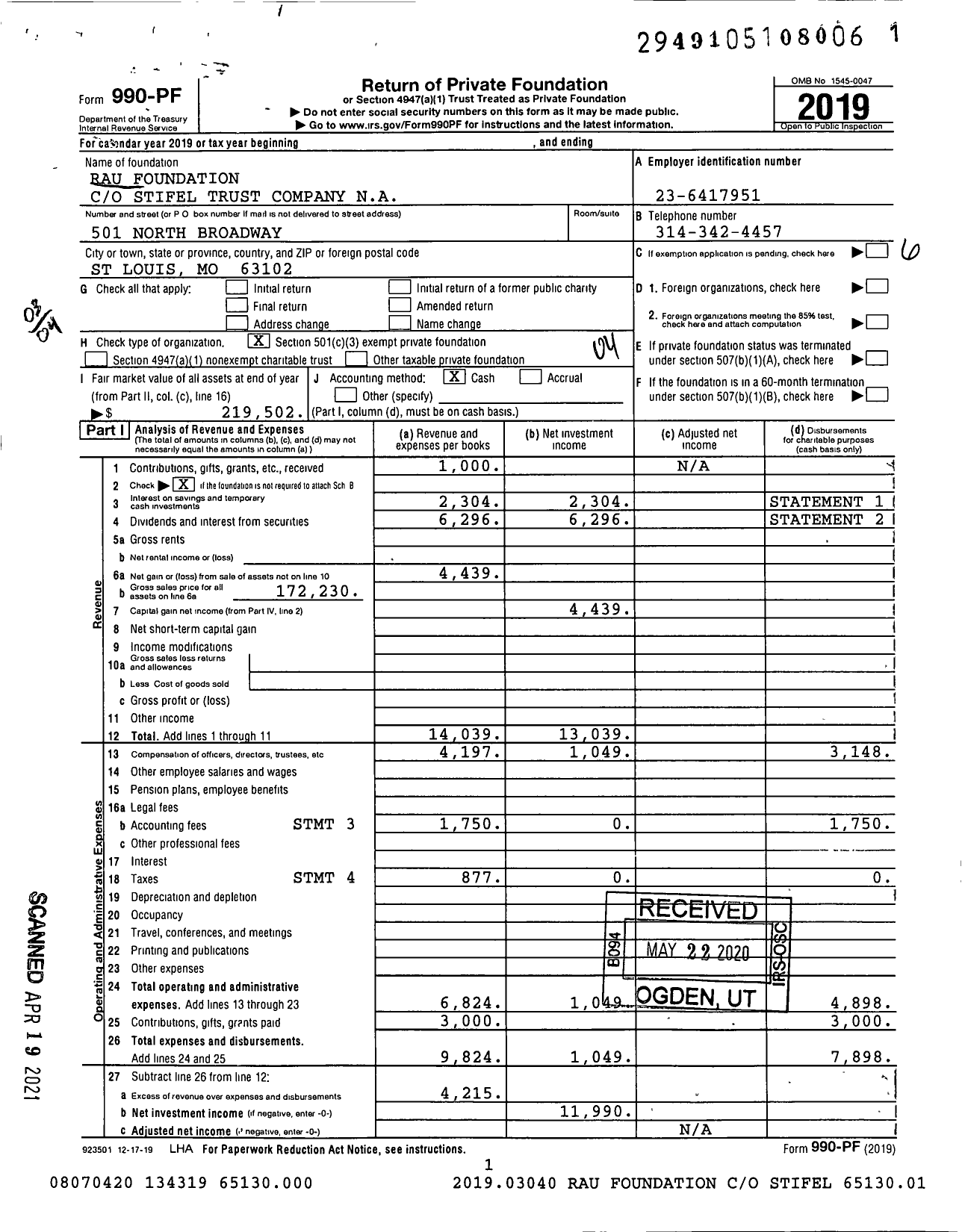 Image of first page of 2019 Form 990PF for Alexander and Cassia Rau Trust