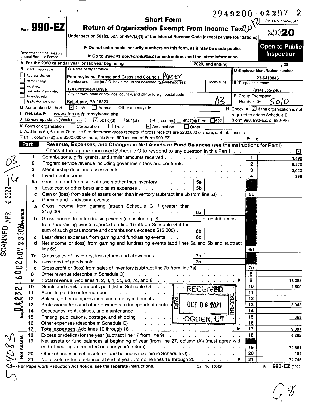 Image of first page of 2020 Form 990EZ for Pennsylvania Forage and Grassland Council