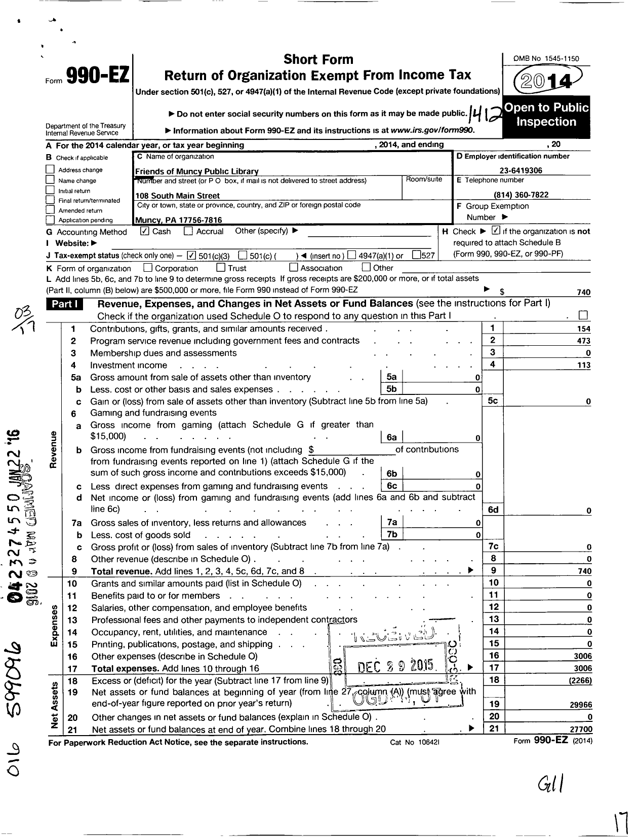 Image of first page of 2014 Form 990EZ for Friends of the Muncy Public Library