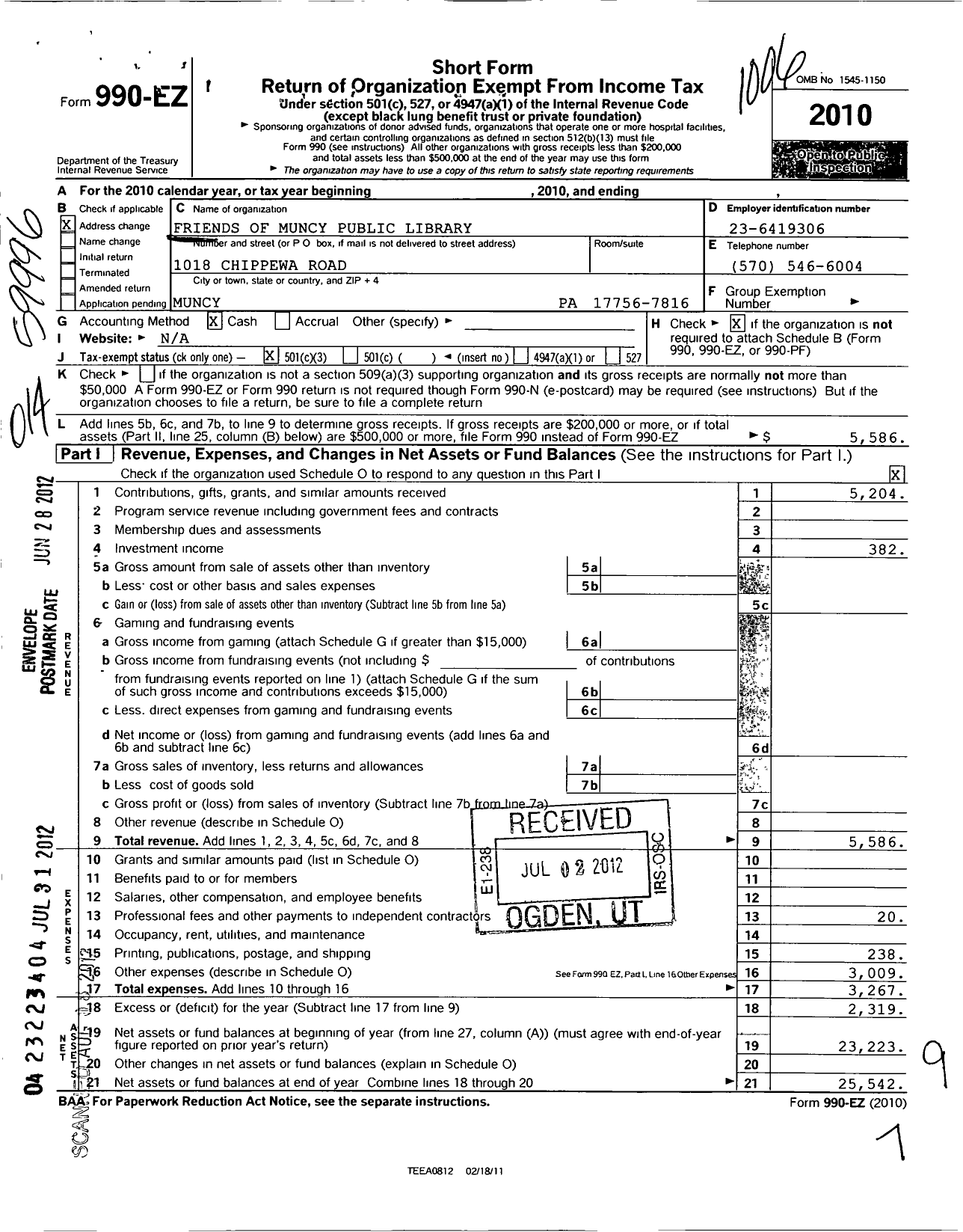 Image of first page of 2010 Form 990EZ for Friends of the Muncy Public Library