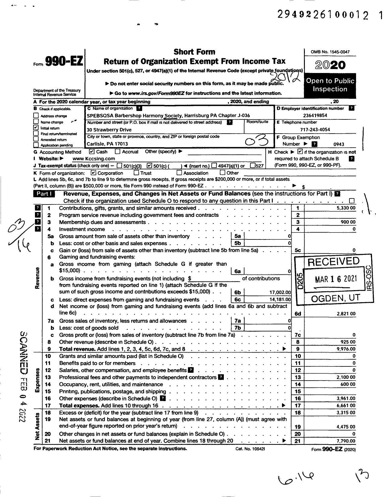 Image of first page of 2020 Form 990EZ for Barbershop Harmony Society - J036 Harrisburg Pa Chapter