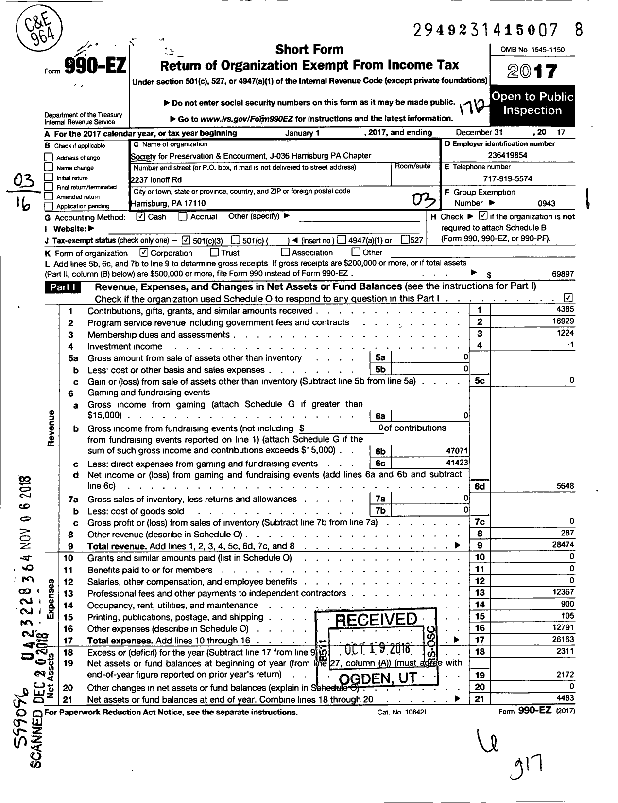 Image of first page of 2017 Form 990EZ for Barbershop Harmony Society - J036 Harrisburg Pa Chapter