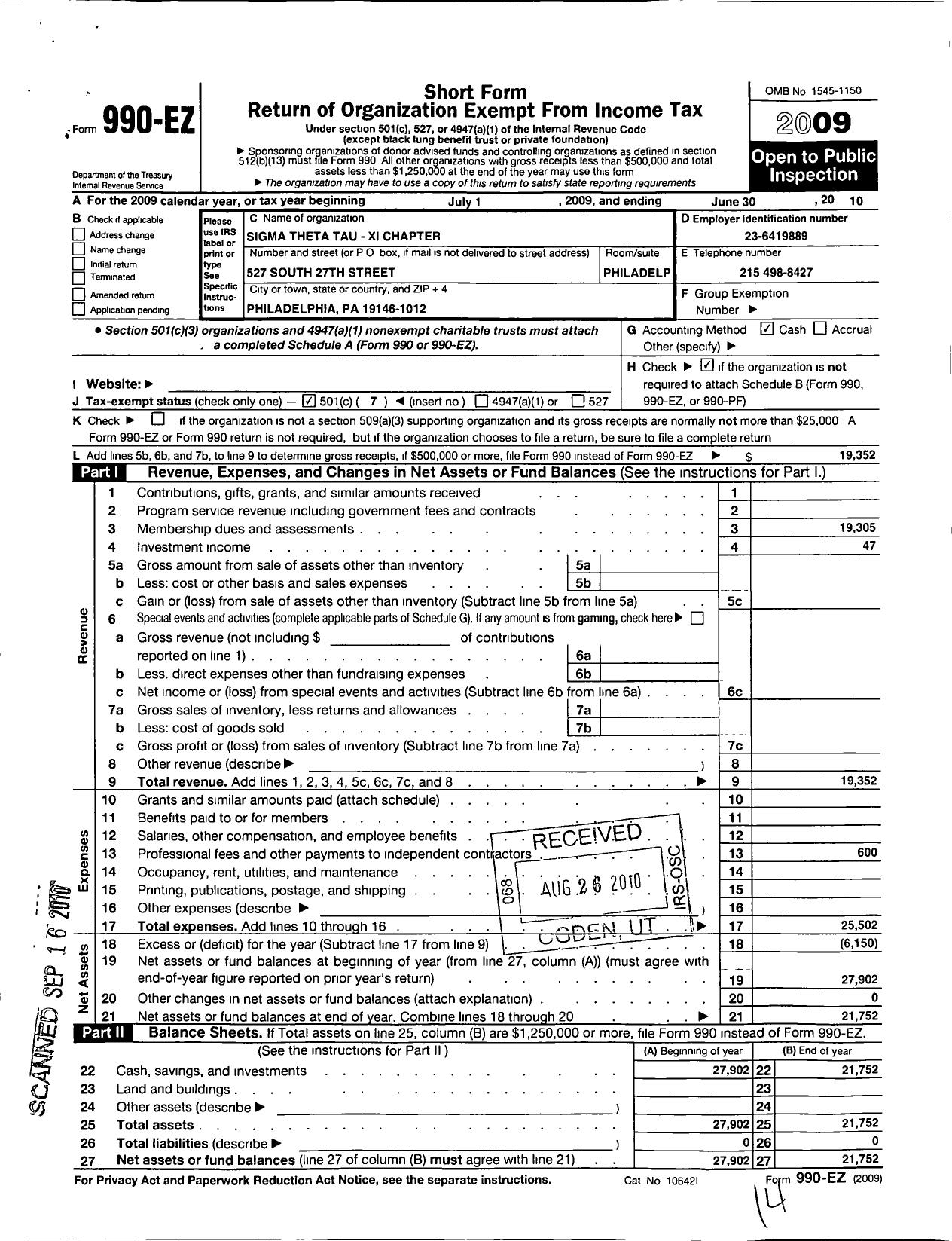 Image of first page of 2009 Form 990EO for Sigma Theta Tau - 13 Xi Chapter