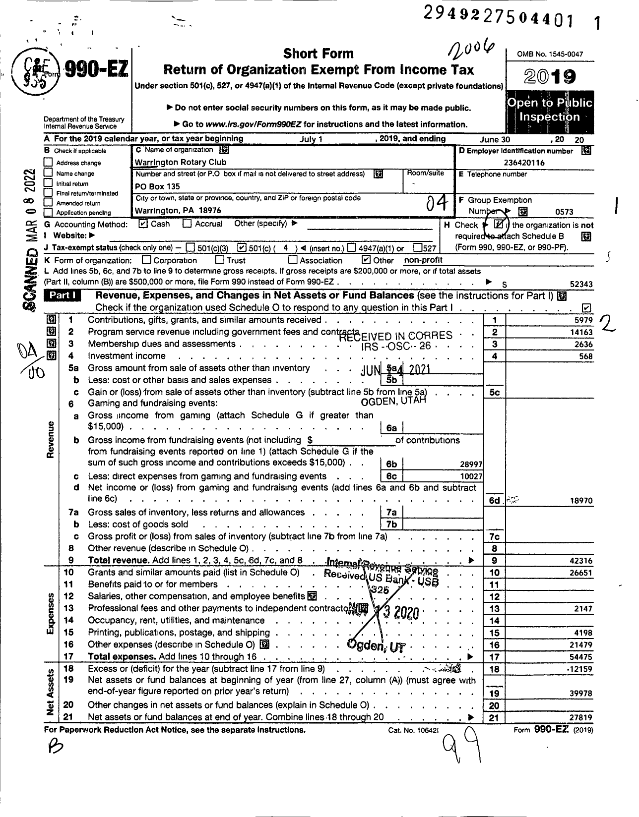 Image of first page of 2019 Form 990EO for Rotary International - Warrington Rotary Club