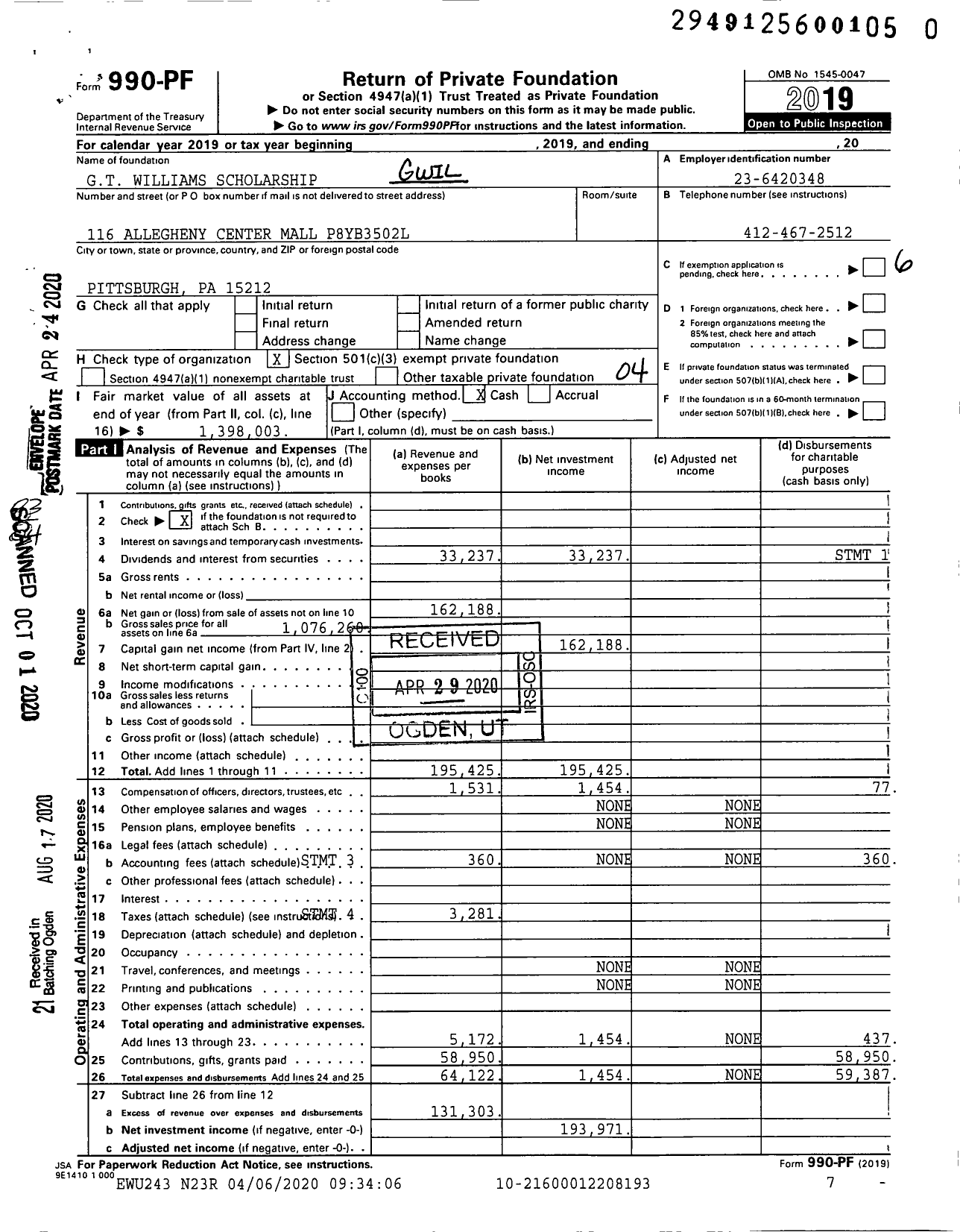 Image of first page of 2019 Form 990PR for GT T Williams Irr