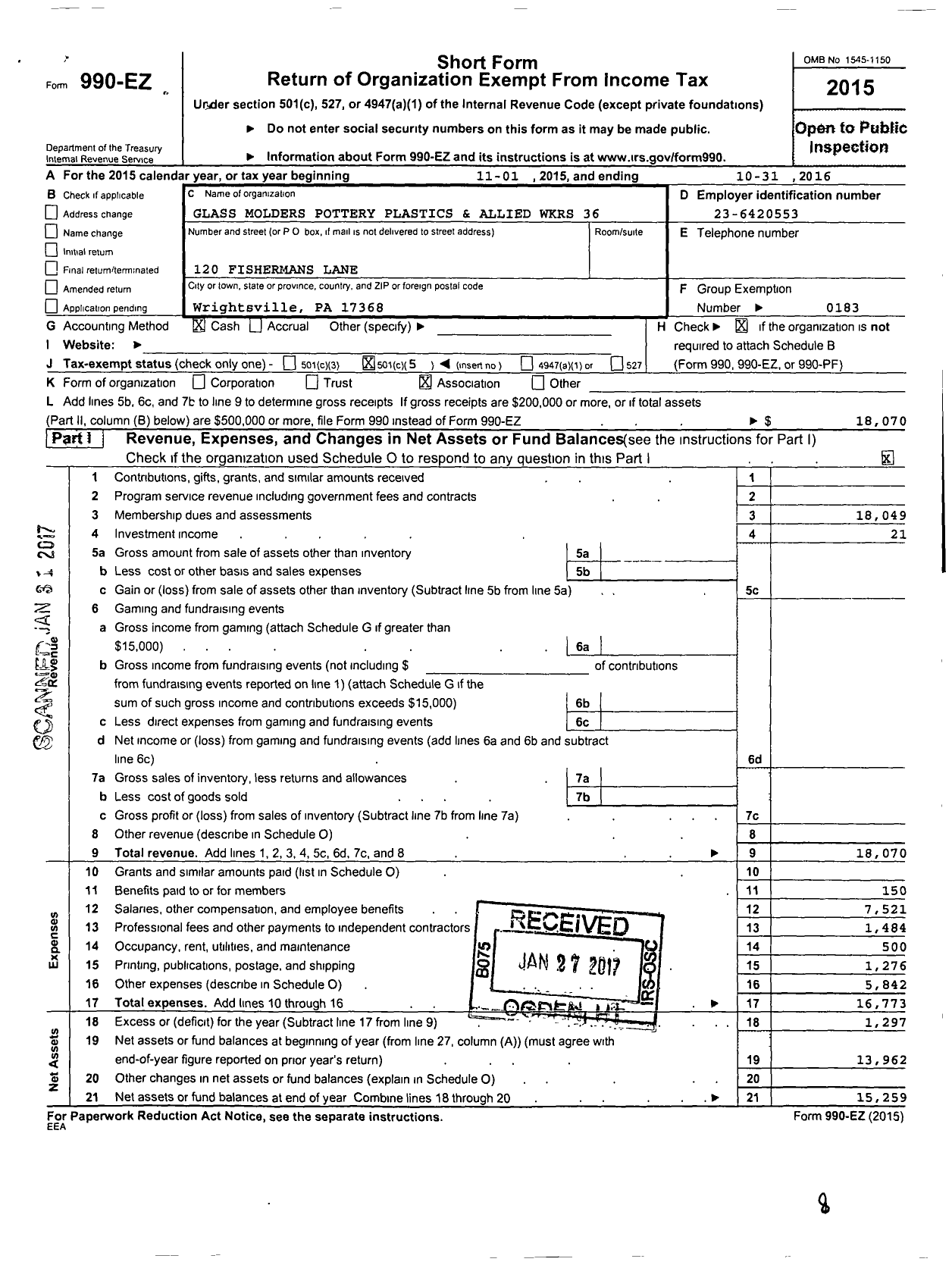 Image of first page of 2015 Form 990EO for United Steelworkers - 00036m Local