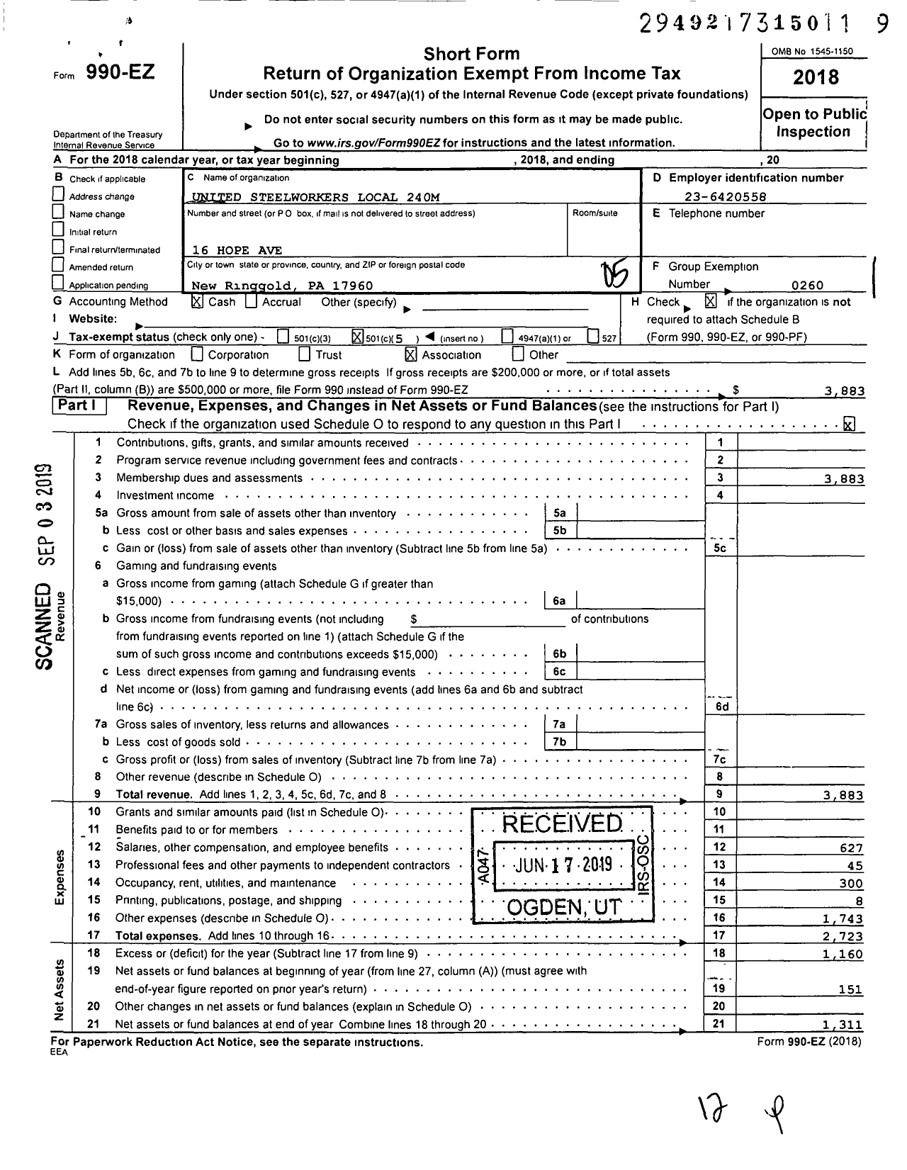 Image of first page of 2018 Form 990EO for United Steelworkers - 00240m Local