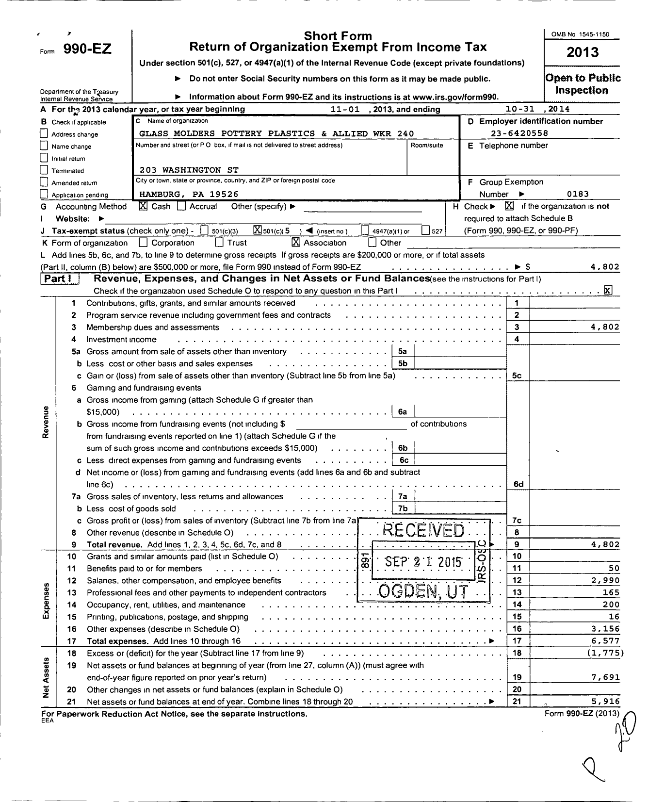 Image of first page of 2013 Form 990EO for United Steelworkers - 00240m Local