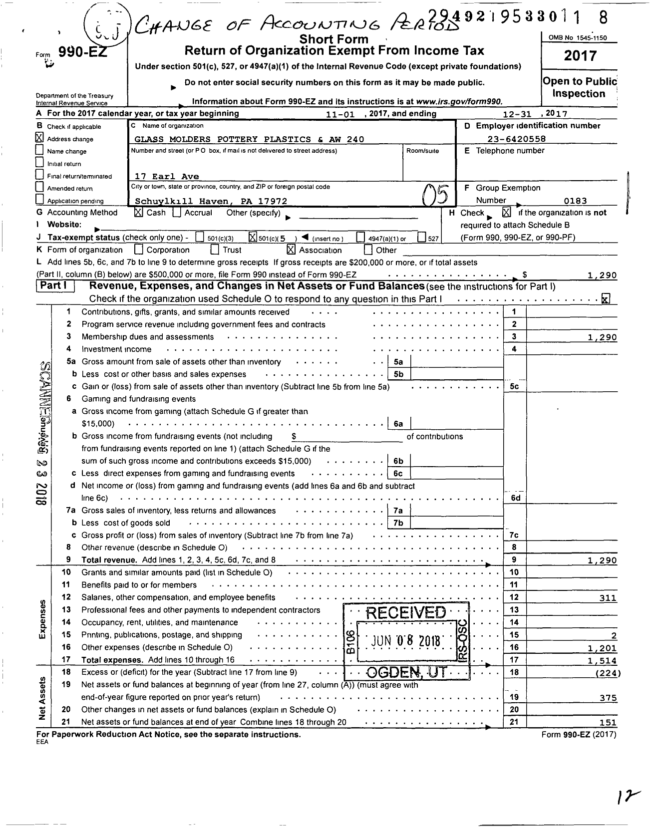 Image of first page of 2017 Form 990EO for United Steelworkers - 00240m Local