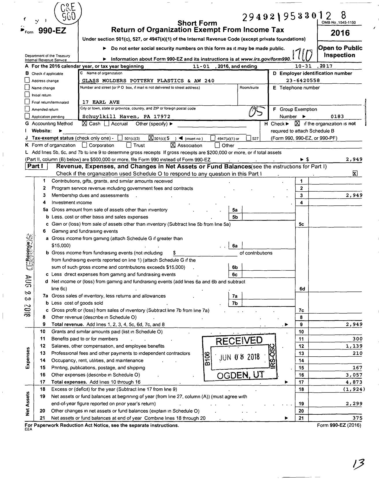 Image of first page of 2016 Form 990EO for United Steelworkers - 00240m Local