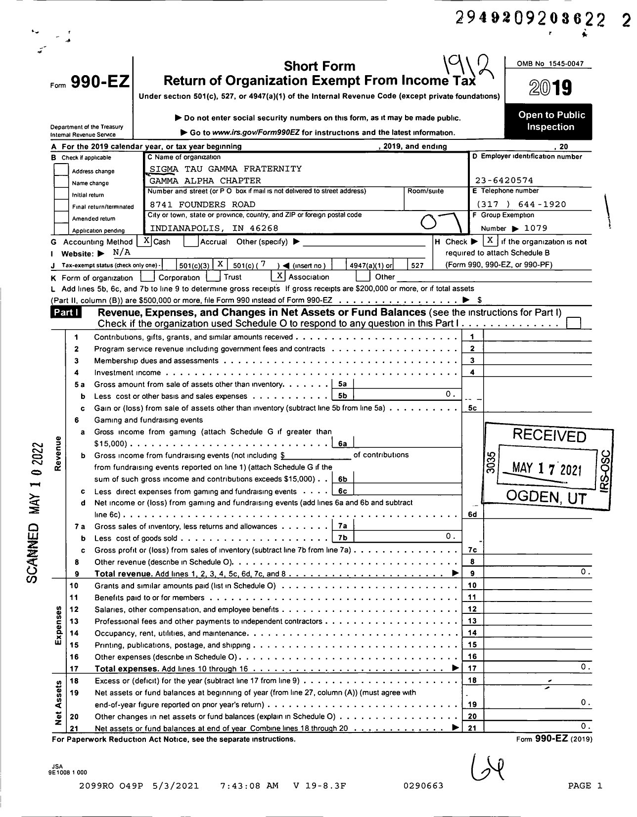 Image of first page of 2019 Form 990EO for Sigma Tau Gamma Fraternity Gamma Alpha Chapter