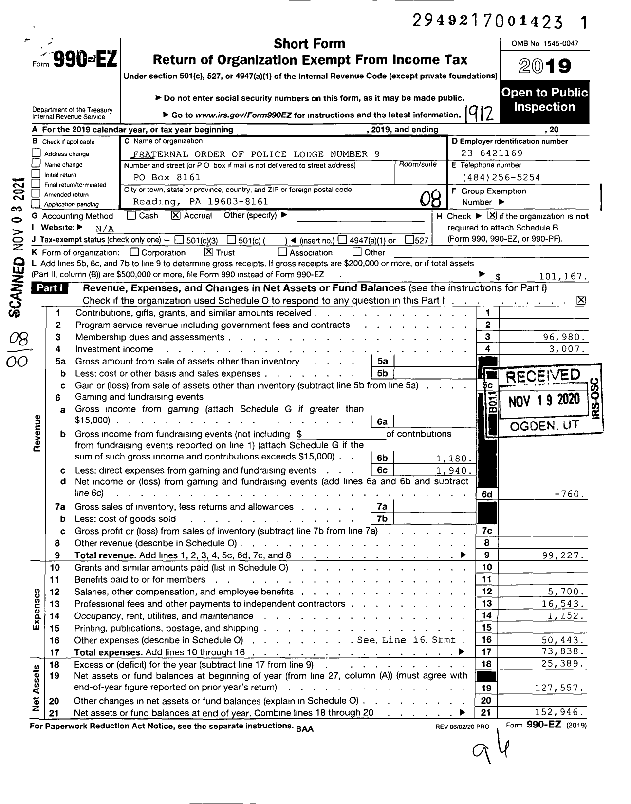 Image of first page of 2019 Form 990EO for Fraternal Order of Police - 9 Reading Lodge