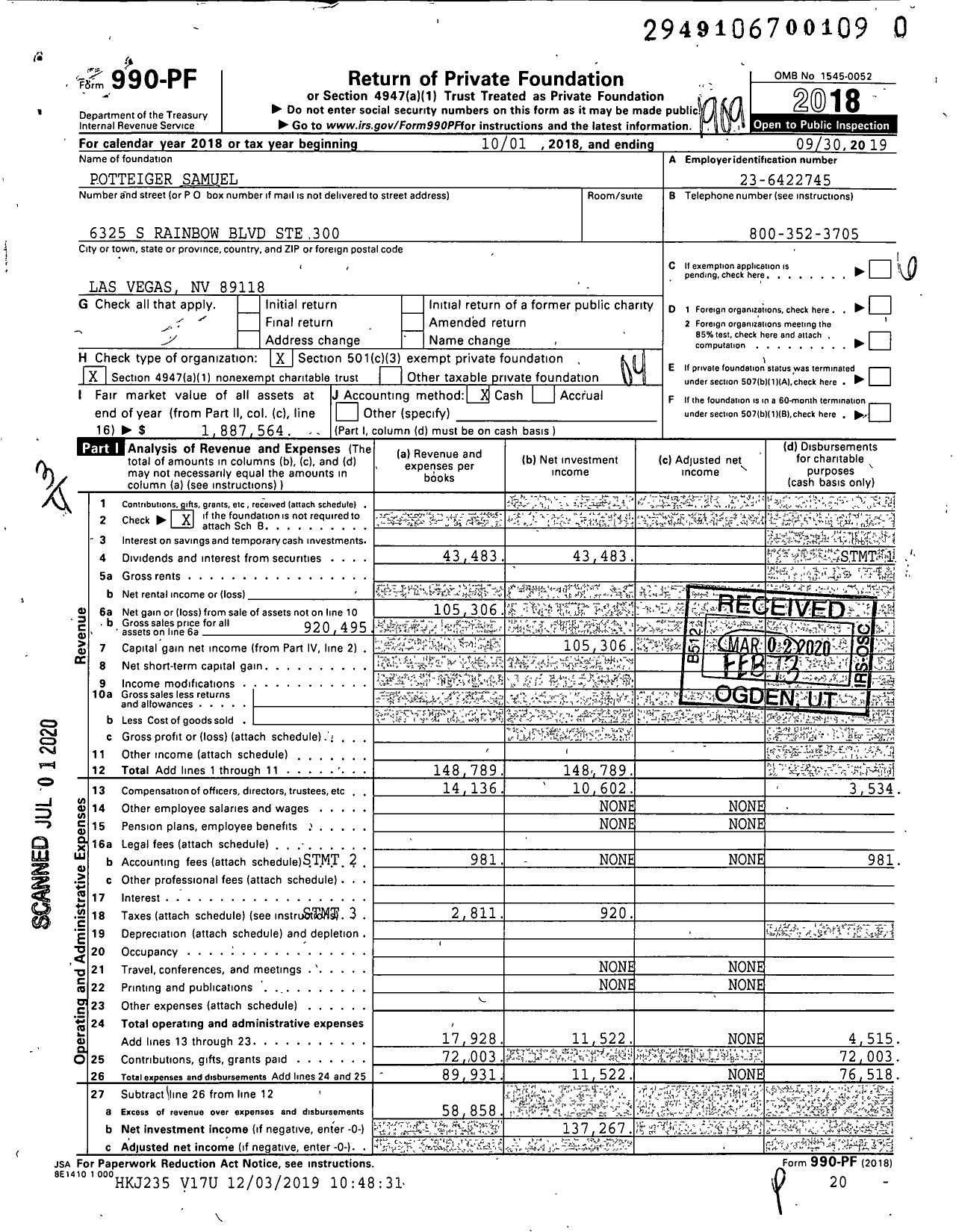 Image of first page of 2018 Form 990PR for Potteiger Samuel