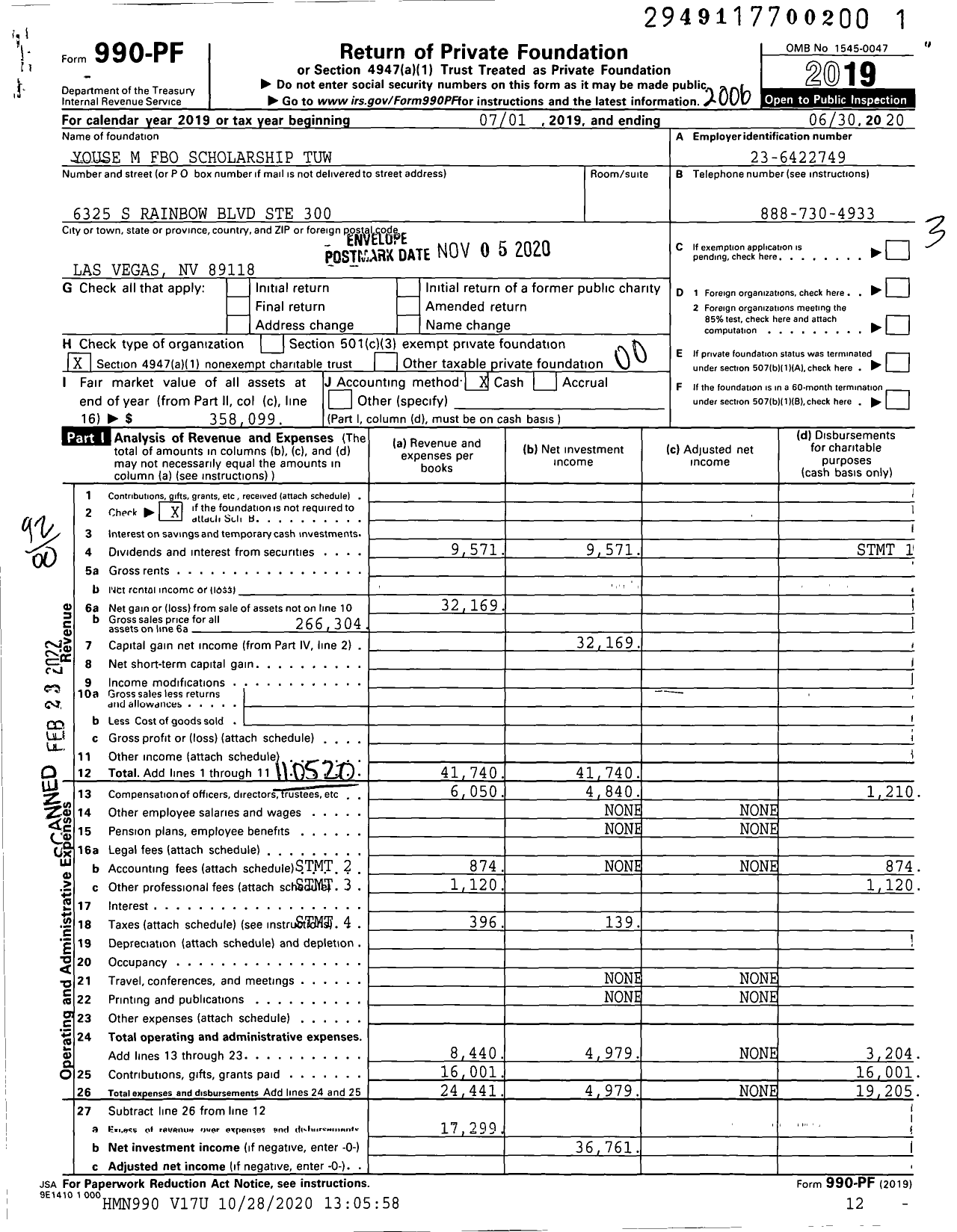 Image of first page of 2019 Form 990PF for Youse M Fbo Scholarship Tuw