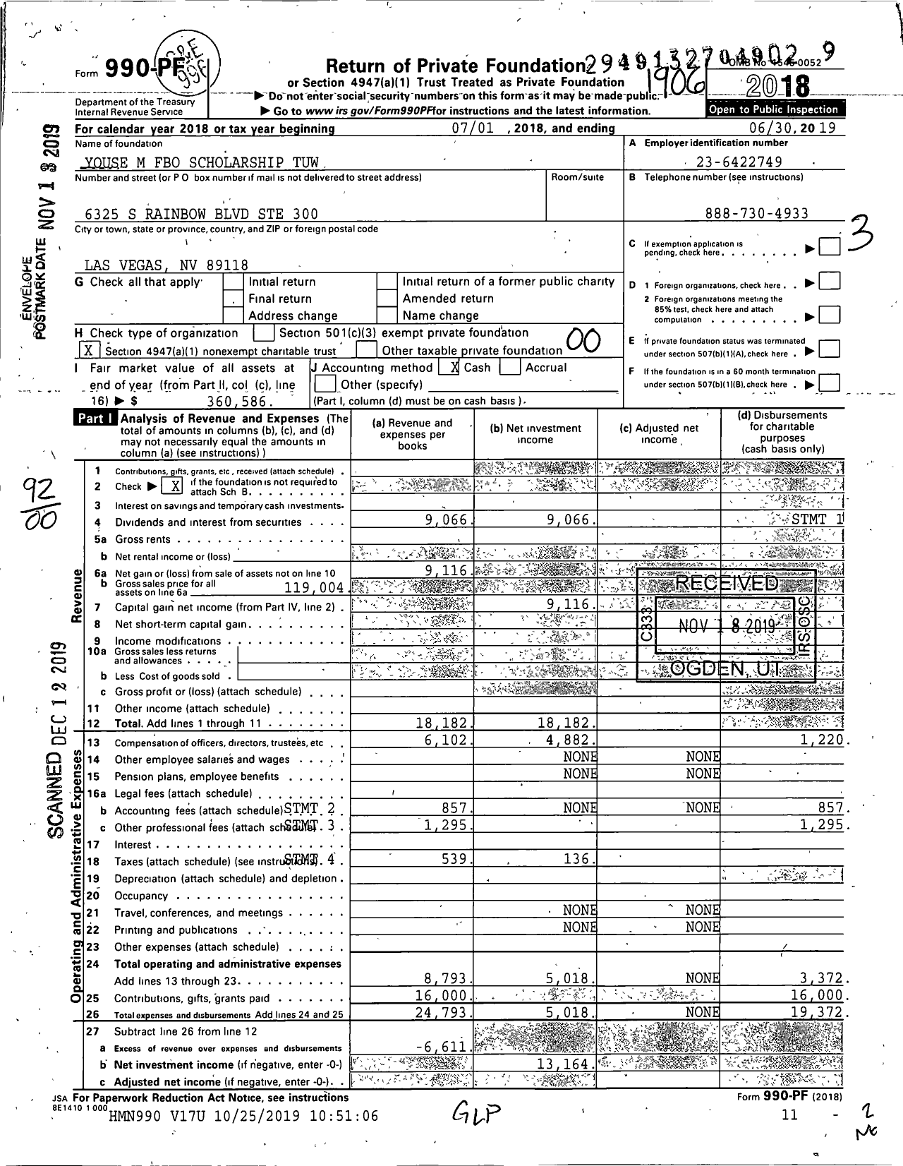 Image of first page of 2018 Form 990PF for Youse M Fbo Scholarship Tuw