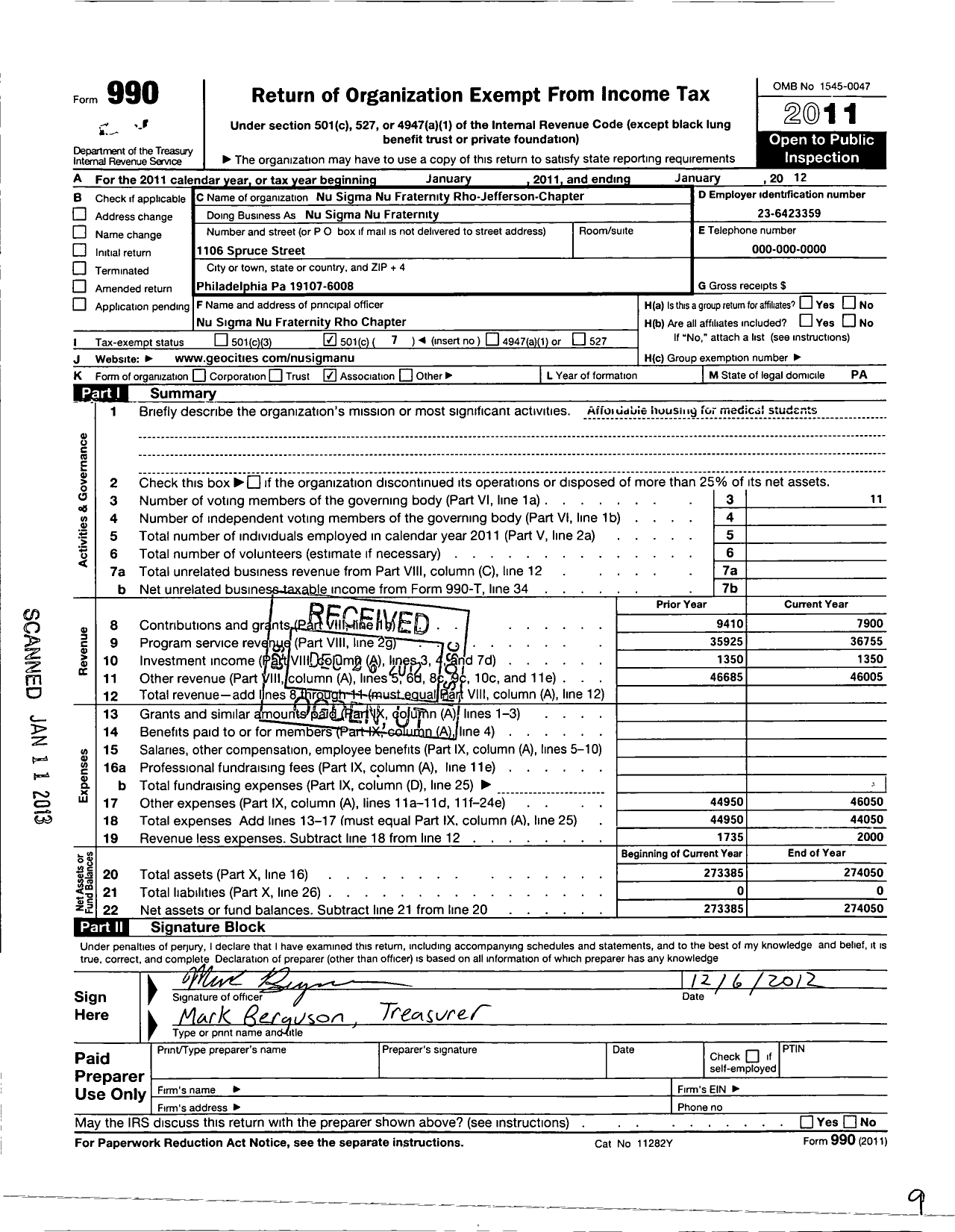 Image of first page of 2011 Form 990O for Nu Sigma Nu Fraternity Rho-Jefferson-Chapter