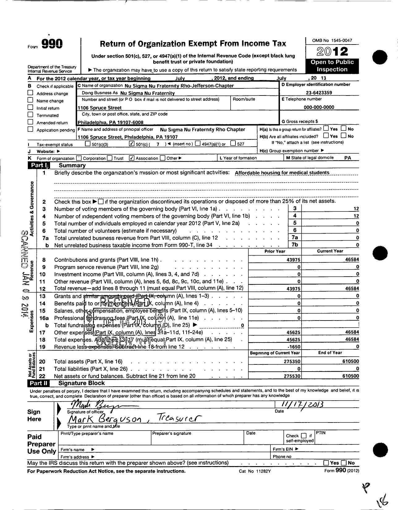 Image of first page of 2012 Form 990O for Nu Sigma Nu Fraternity Rho-Jefferson-Chapter