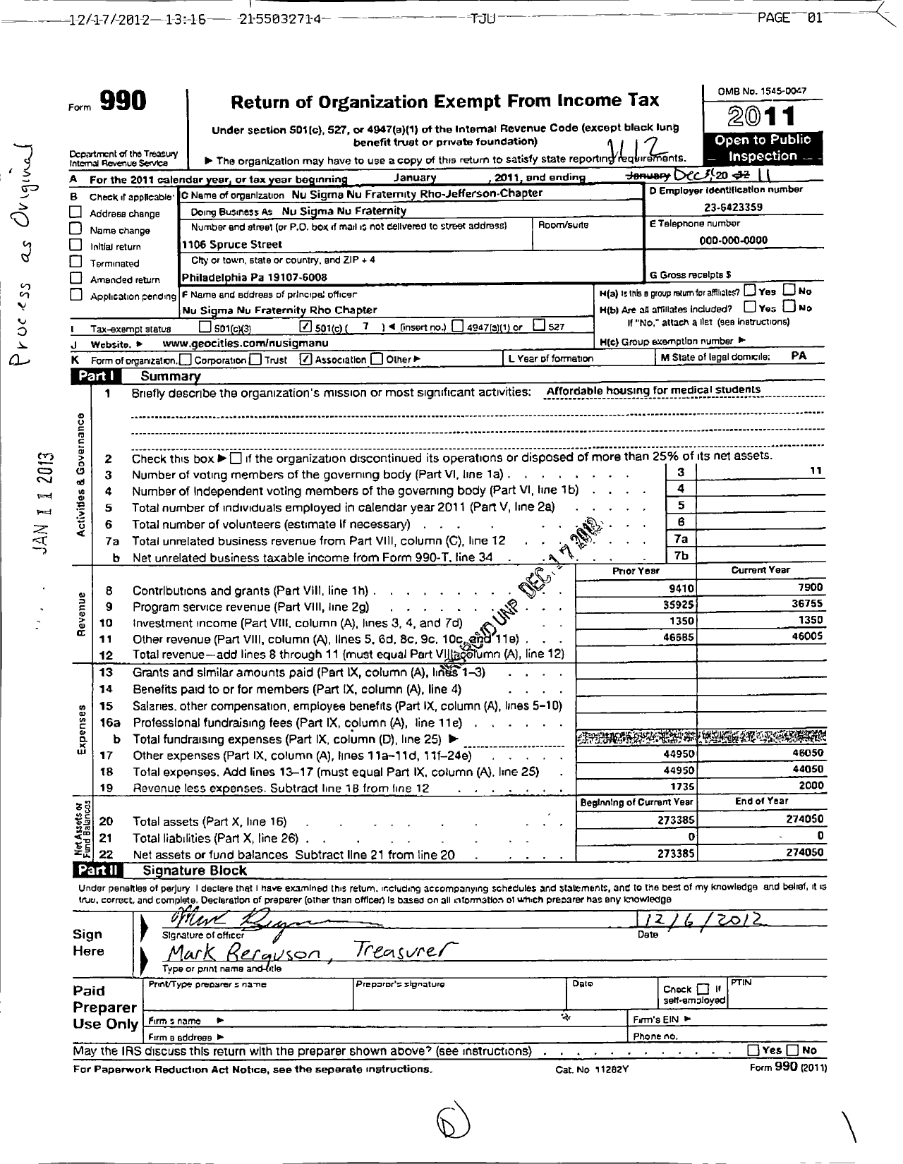 Image of first page of 2011 Form 990O for Nu Sigma Nu Fraternity Rho-Jefferson-Chapter