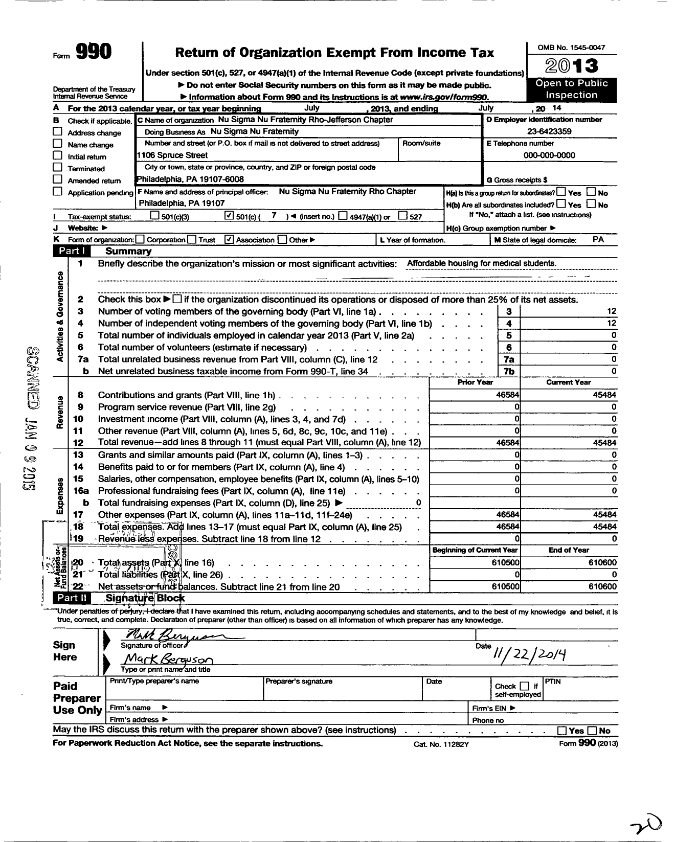 Image of first page of 2013 Form 990O for Nu Sigma Nu Fraternity Rho-Jefferson-Chapter