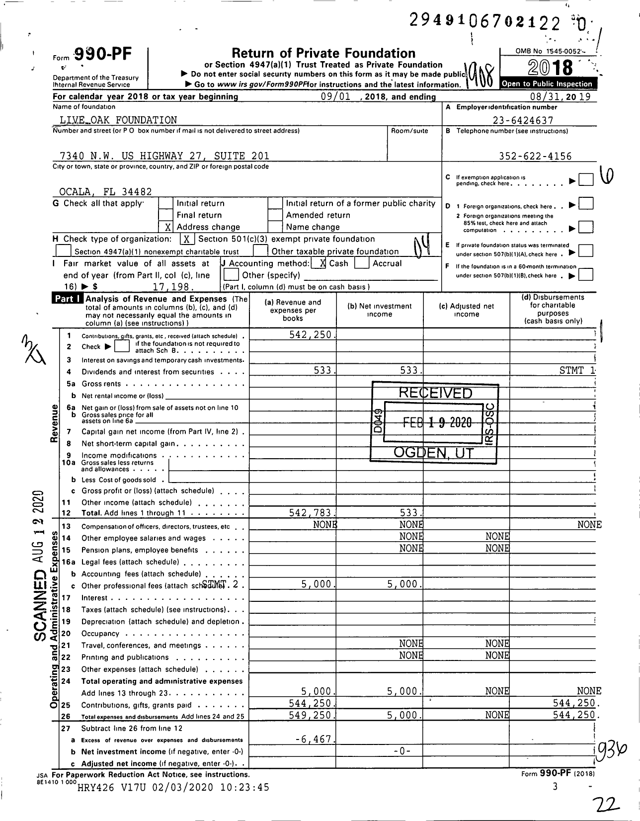 Image of first page of 2018 Form 990PR for Live Oak Foundation Custody