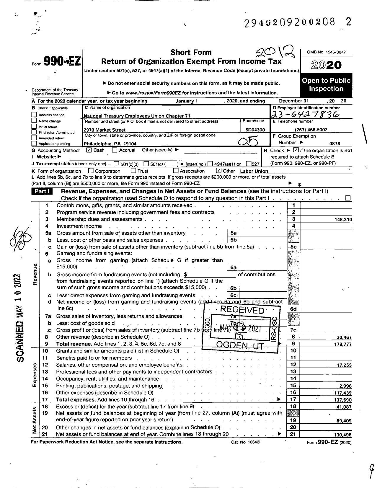 Image of first page of 2020 Form 990EO for NATIONAL TREASURY EMPLOYEES UNION - 71 Chapter