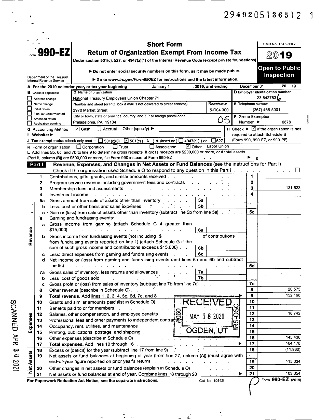 Image of first page of 2019 Form 990EO for NATIONAL TREASURY EMPLOYEES UNION - 71 Chapter