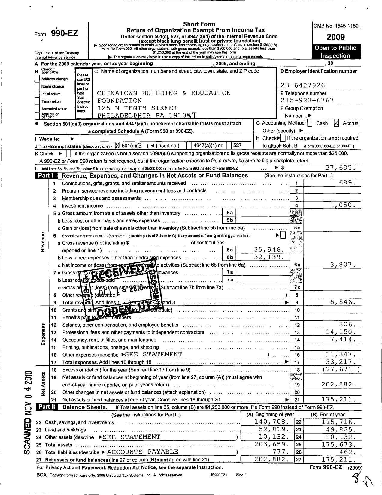 Image of first page of 2009 Form 990EZ for Chinatown Building and Education Foundation