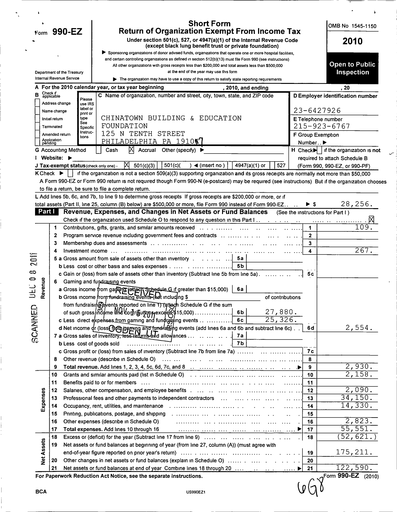 Image of first page of 2010 Form 990EZ for Chinatown Building and Education Foundation