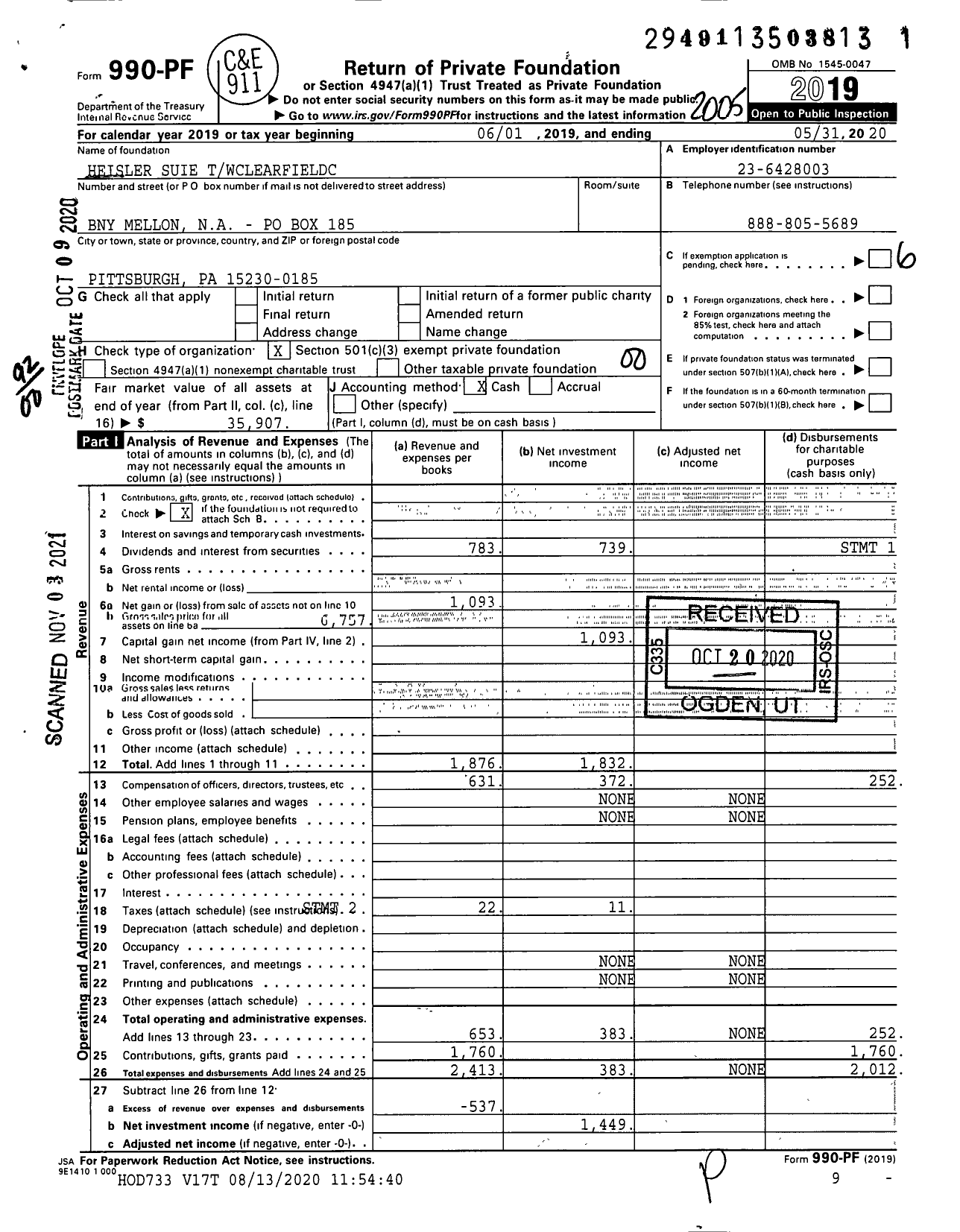 Image of first page of 2019 Form 990PF for Heisler Suie Twclearfieldc