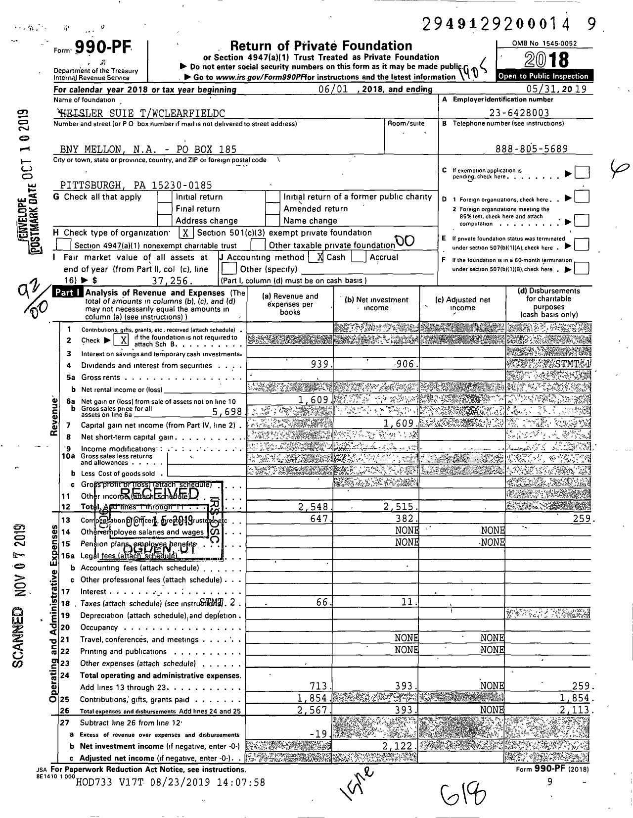 Image of first page of 2018 Form 990PF for Heisler Suie Twclearfieldc