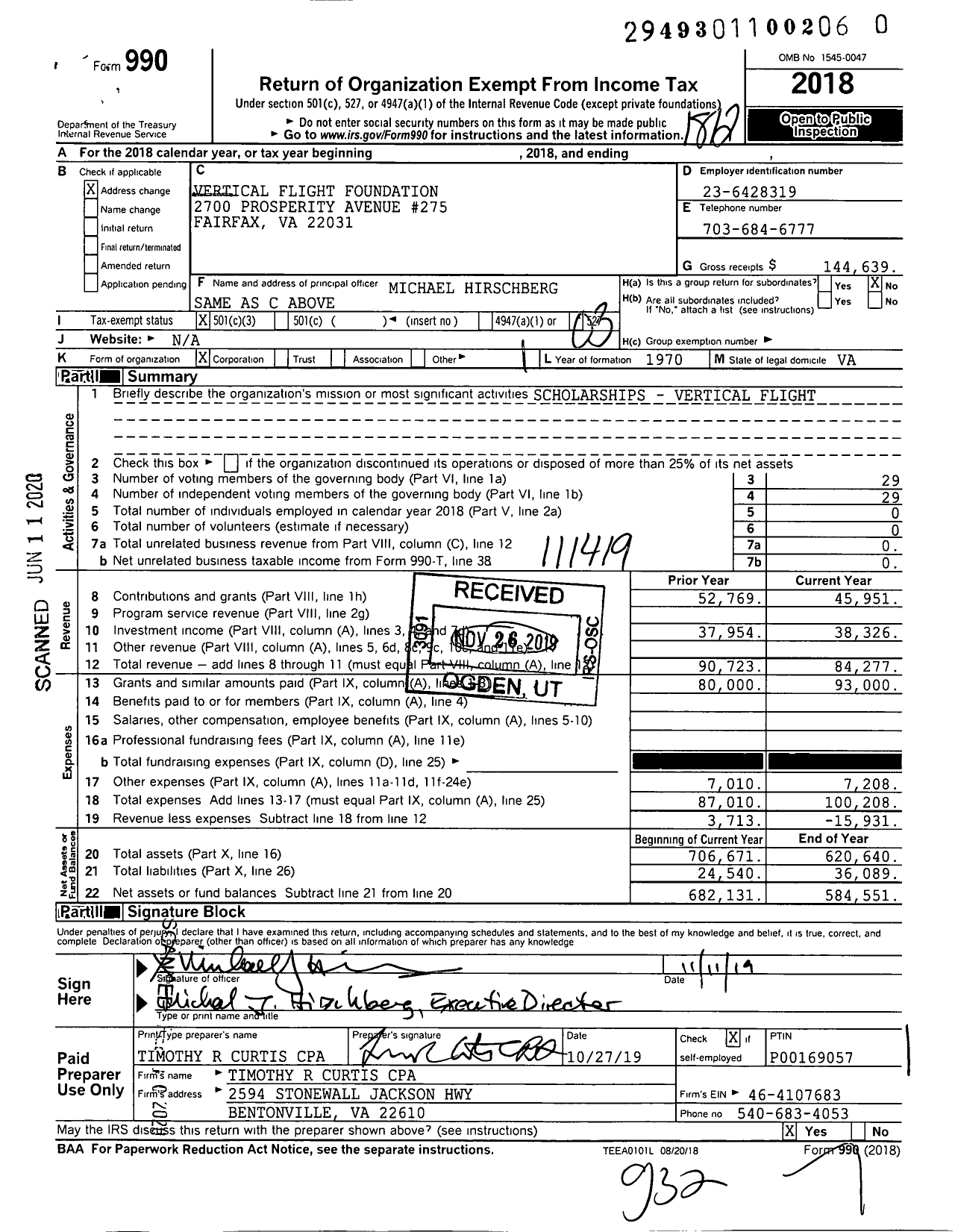 Image of first page of 2018 Form 990 for Vertical Flight Foundation