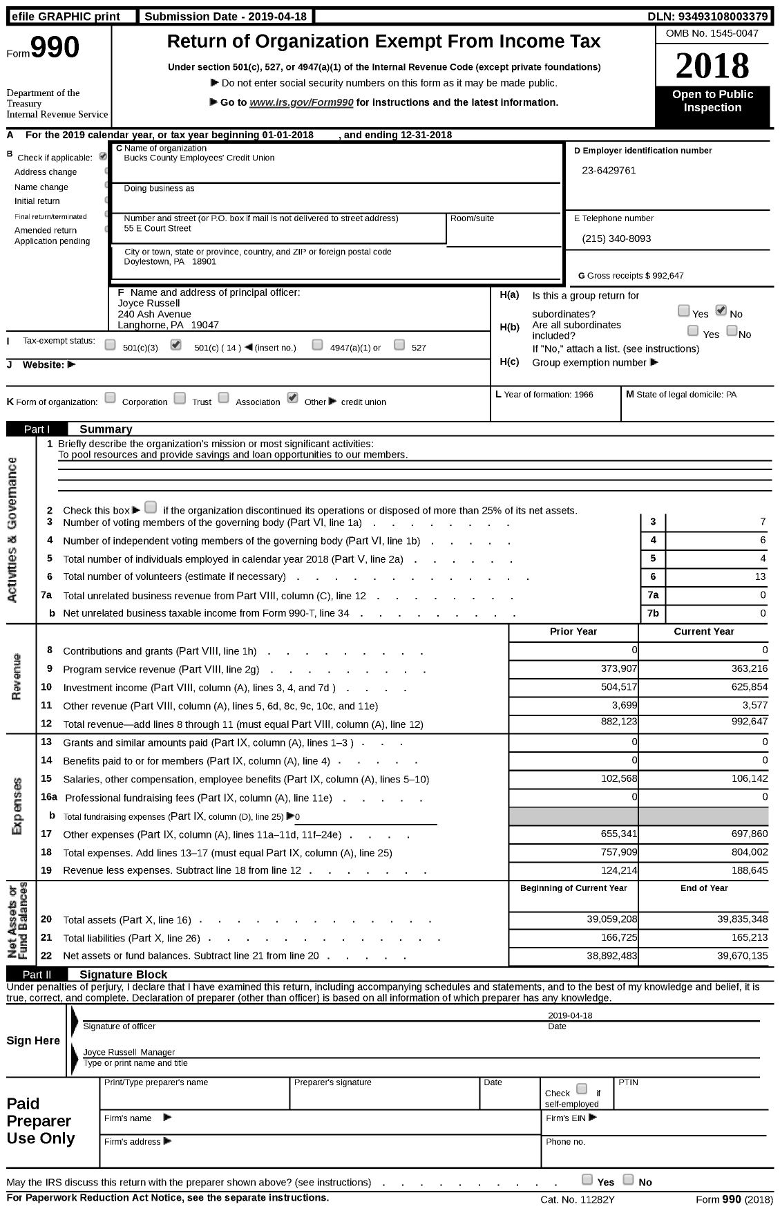 Image of first page of 2018 Form 990 for Bucks County Employees' Credit Union