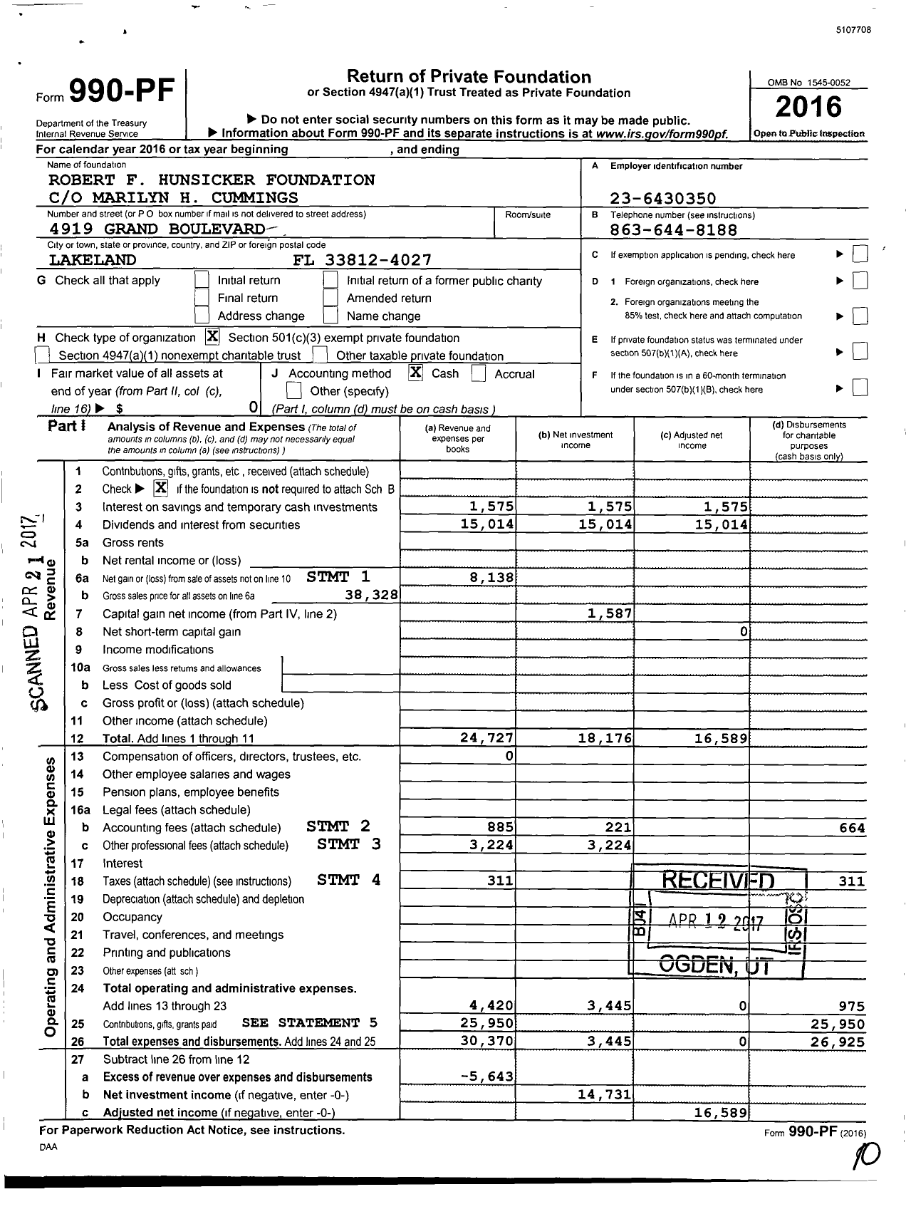Image of first page of 2016 Form 990PF for Robert F Hunsicker Foundation