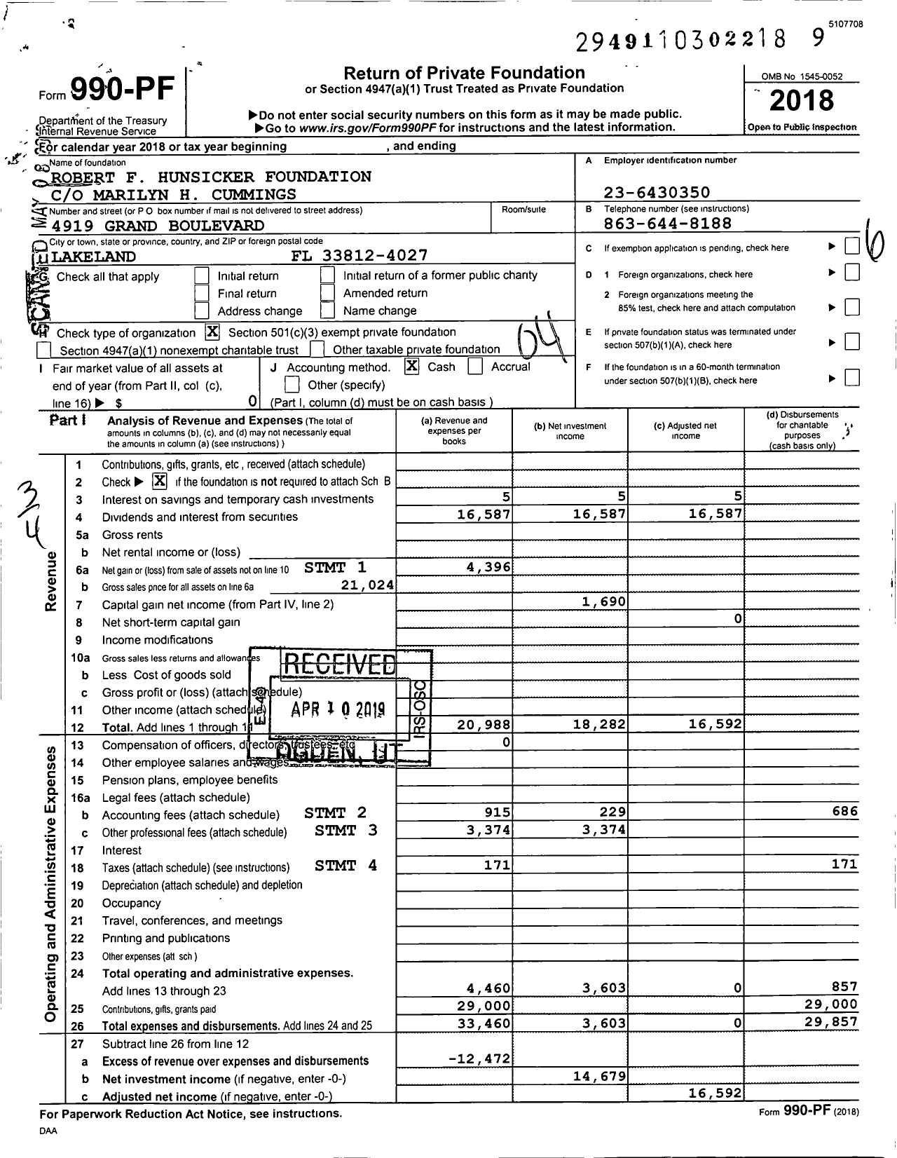 Image of first page of 2018 Form 990PF for Robert F Hunsicker Foundation