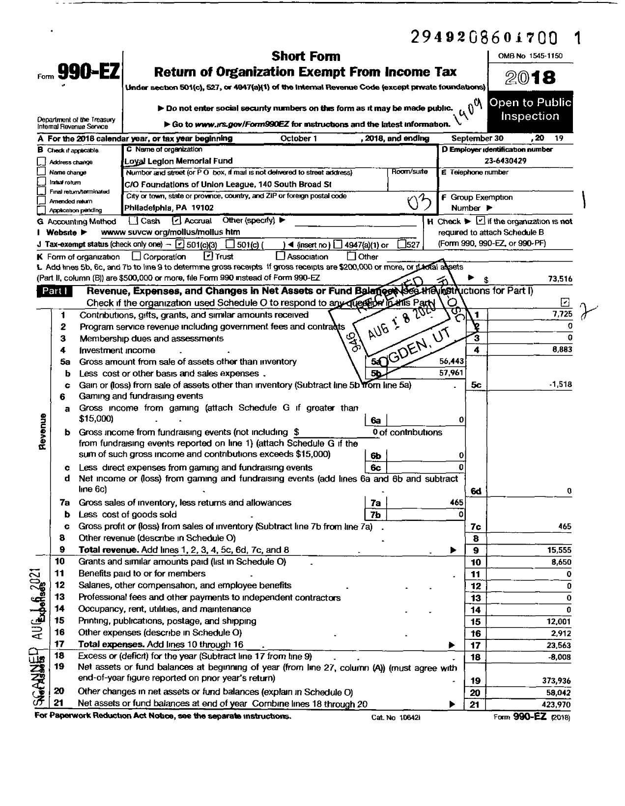 Image of first page of 2018 Form 990EZ for Loyal Legion Memorial Fund