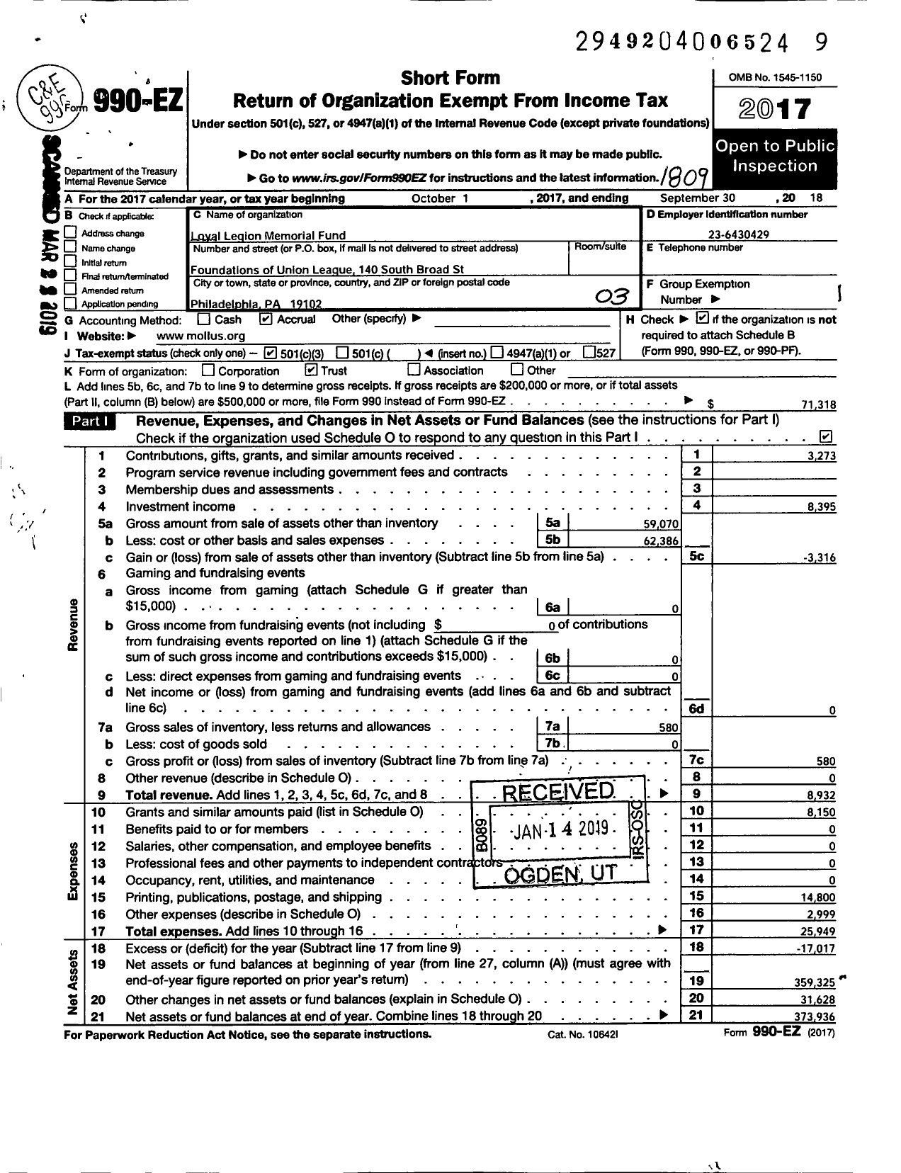 Image of first page of 2017 Form 990EZ for Loyal Legion Memorial Fund