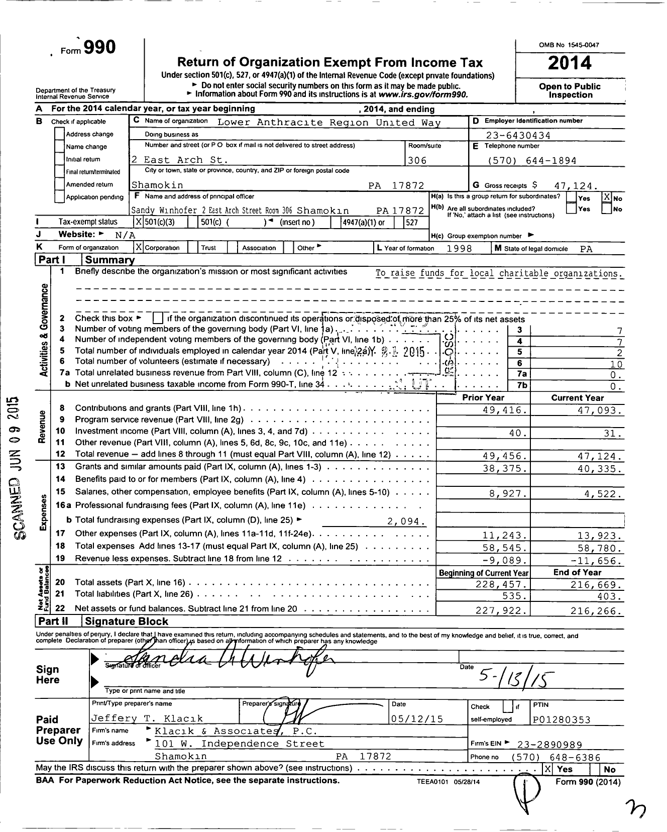 Image of first page of 2014 Form 990 for Lower Anthracite Region United Way