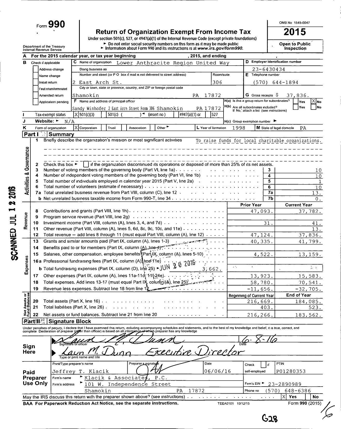 Image of first page of 2015 Form 990 for Lower Anthracite Region United Way