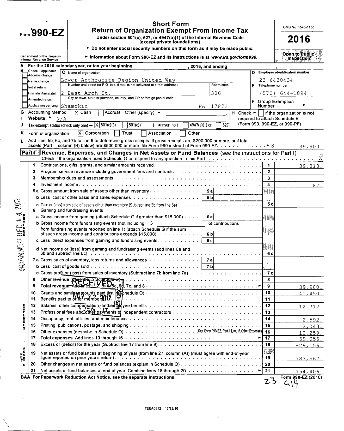 Image of first page of 2016 Form 990EZ for Lower Anthracite Region United Way