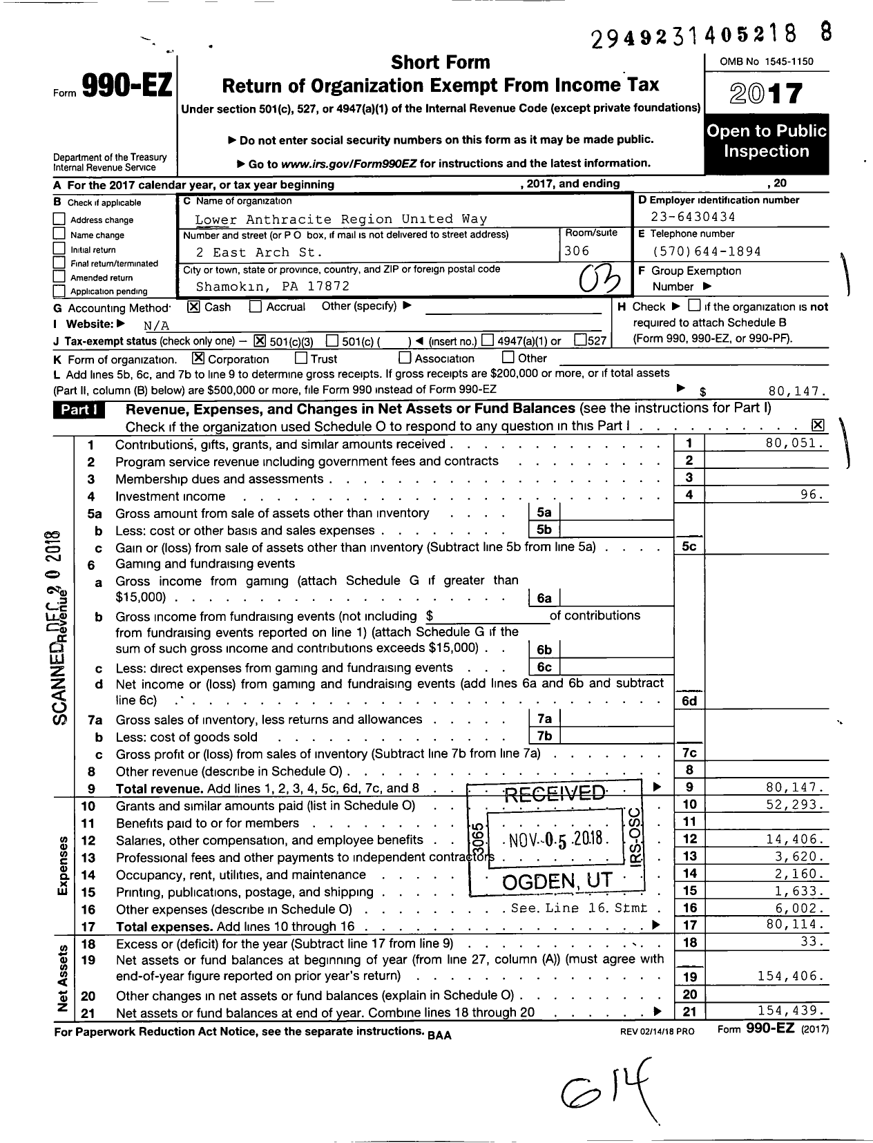 Image of first page of 2017 Form 990EZ for Lower Anthracite Region United Way