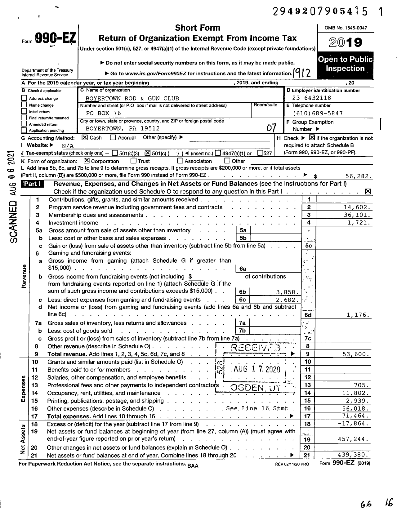 Image of first page of 2019 Form 990EO for Boyertown Rod and Gun Club